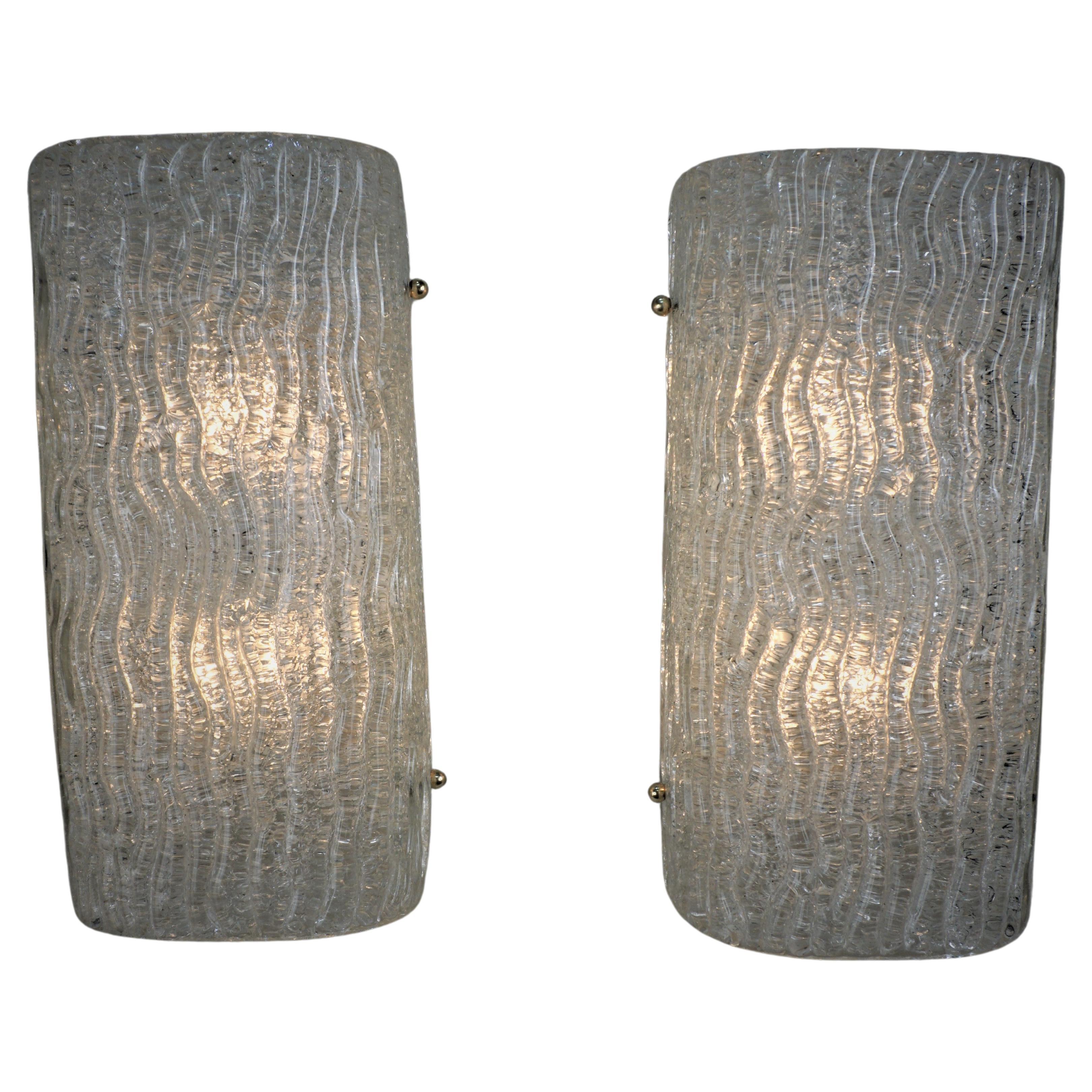 Pair of 1970's Murano Texture Glass Wall Sconces For Sale