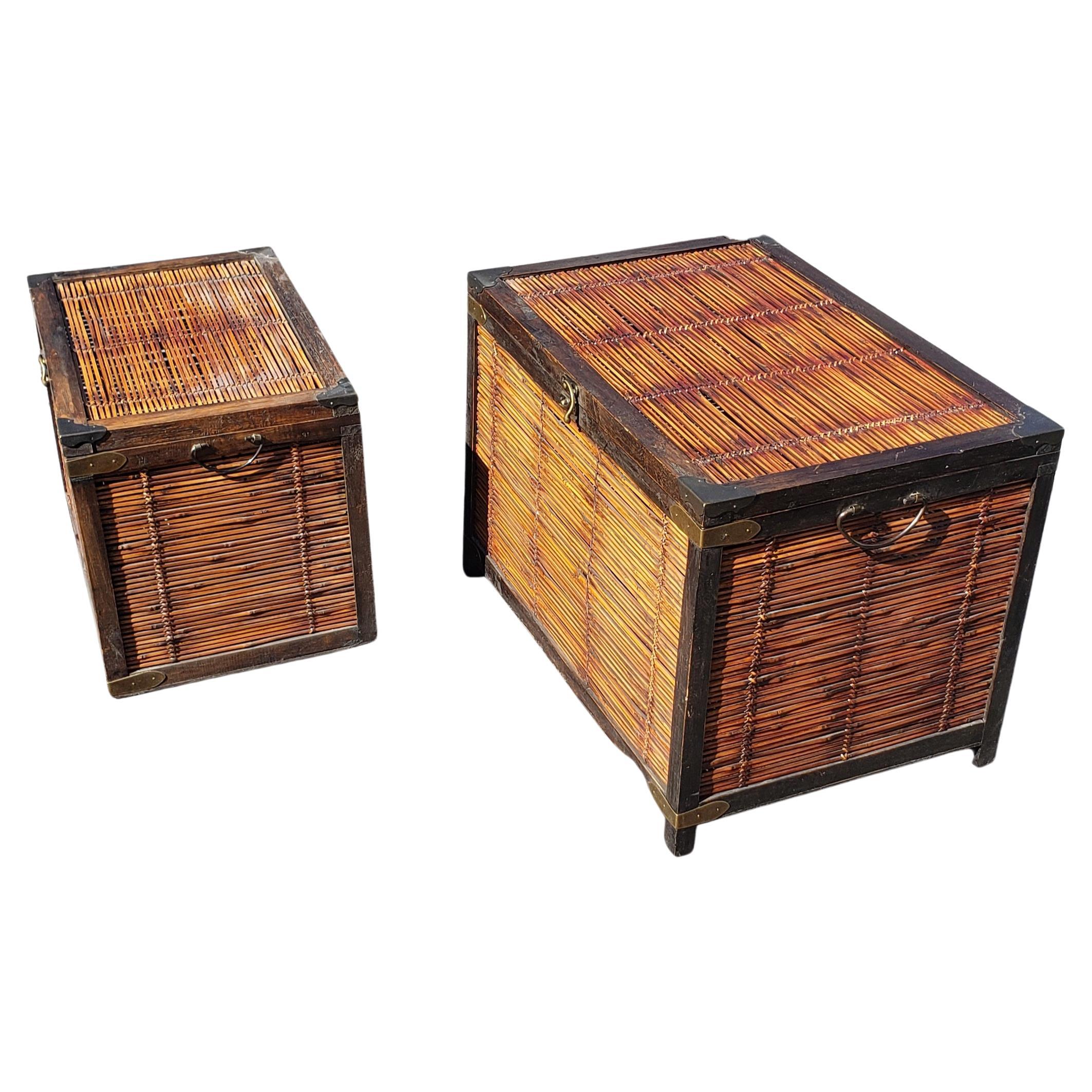 Bohemian Pair of 1970s Nesting Split Bamboo and Brass Mounted Storage Trunks For Sale