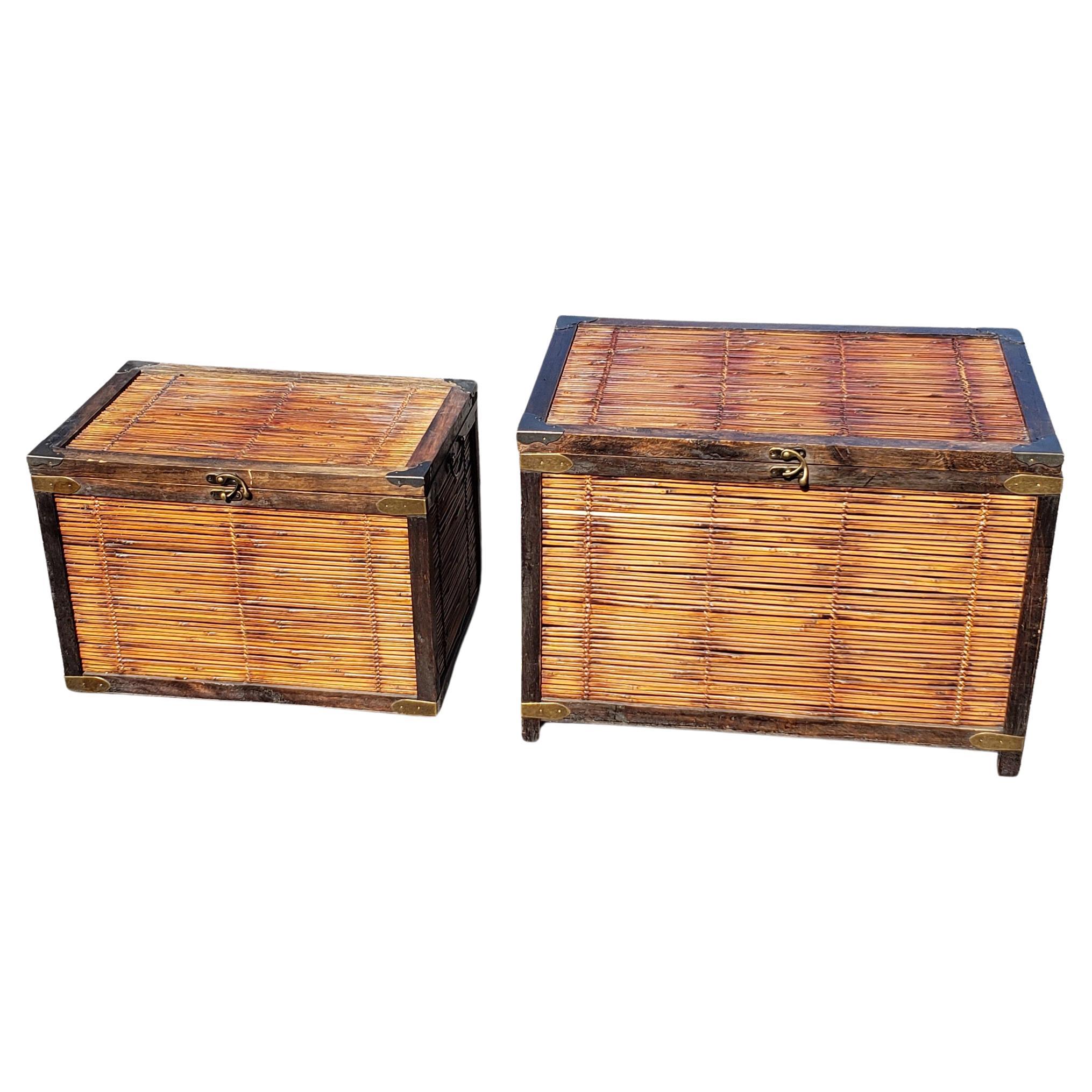 Philippine Pair of 1970s Nesting Split Bamboo and Brass Mounted Storage Trunks