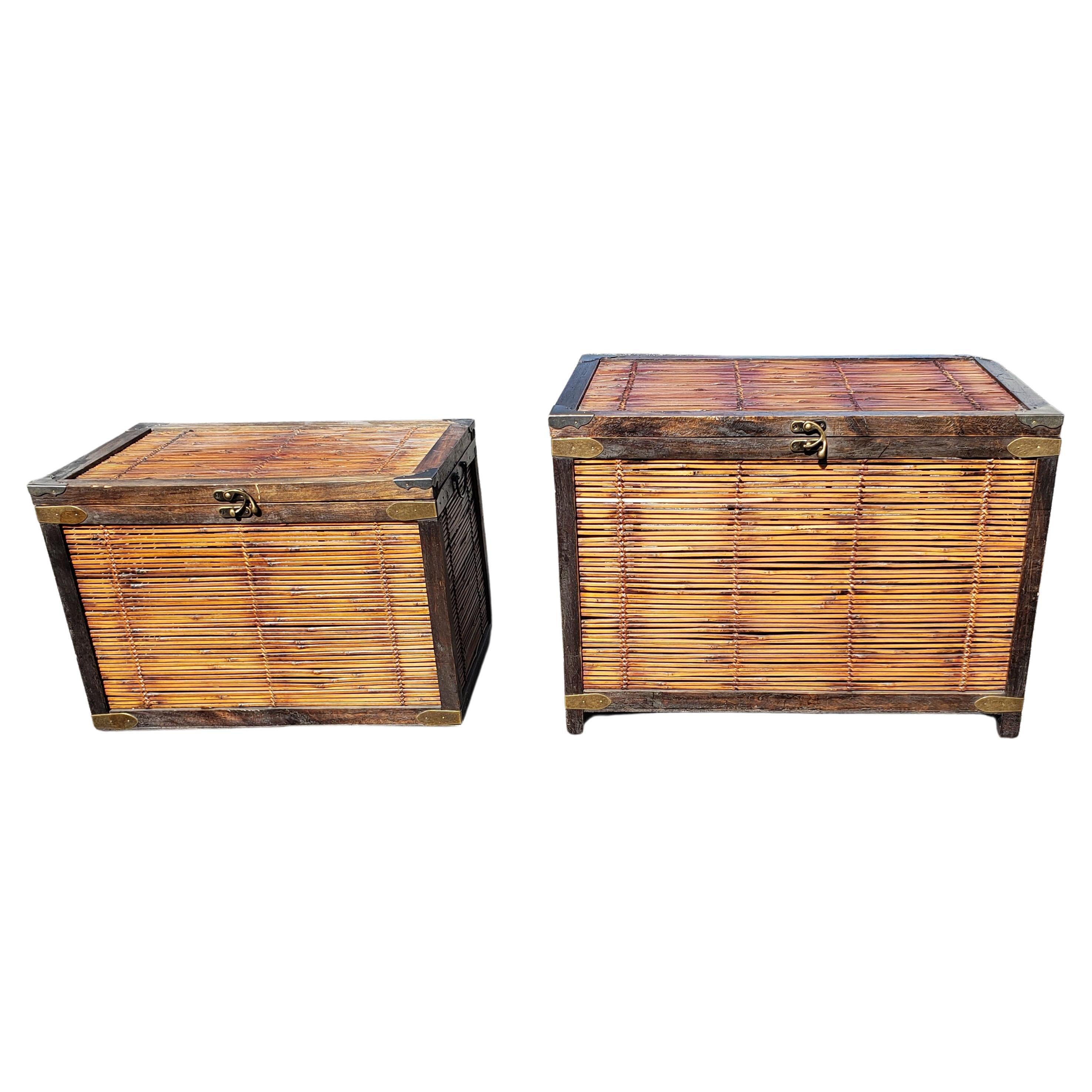 Hand-Crafted Pair of 1970s Nesting Split Bamboo and Brass Mounted Storage Trunks