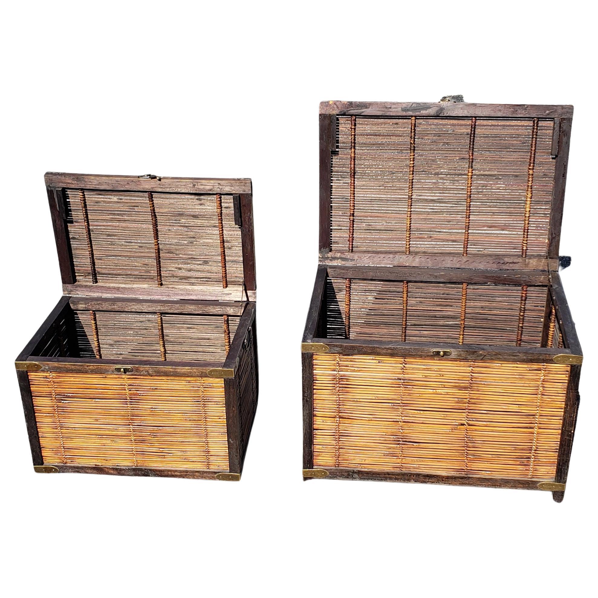 20th Century Pair of 1970s Nesting Split Bamboo and Brass Mounted Storage Trunks For Sale