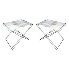 Pair of 1970s Nickel Folding Stools with Cowhide Seat