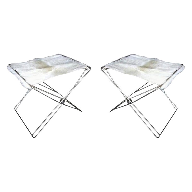 Paire de tabourets pliants en nickel des années 1970 avec assise en cuir de vache
