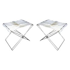 Paar klappbare Hocker aus Nickel aus den 1970er Jahren mit Sitz aus Rindsleder