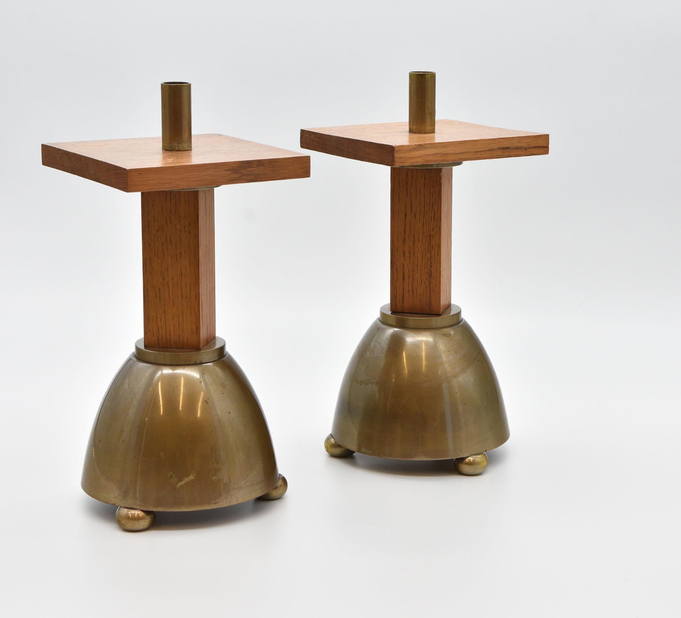 Pair of 1970s Oak & Brass Brutalist Candlesticks  In Good Condition For Sale In Norwich, GB