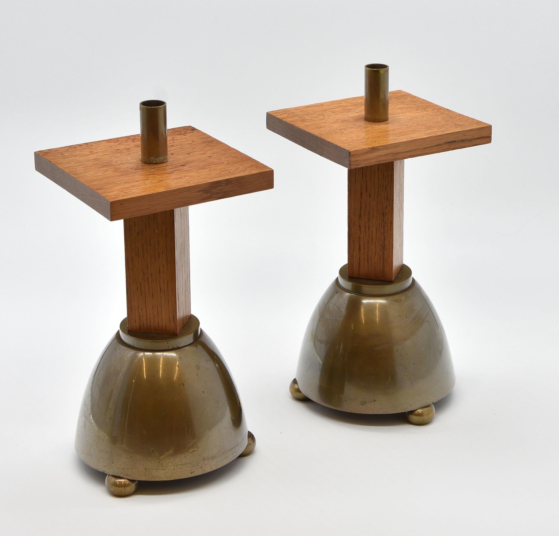 Late 20th Century Pair of 1970s Oak & Brass Brutalist Candlesticks  For Sale