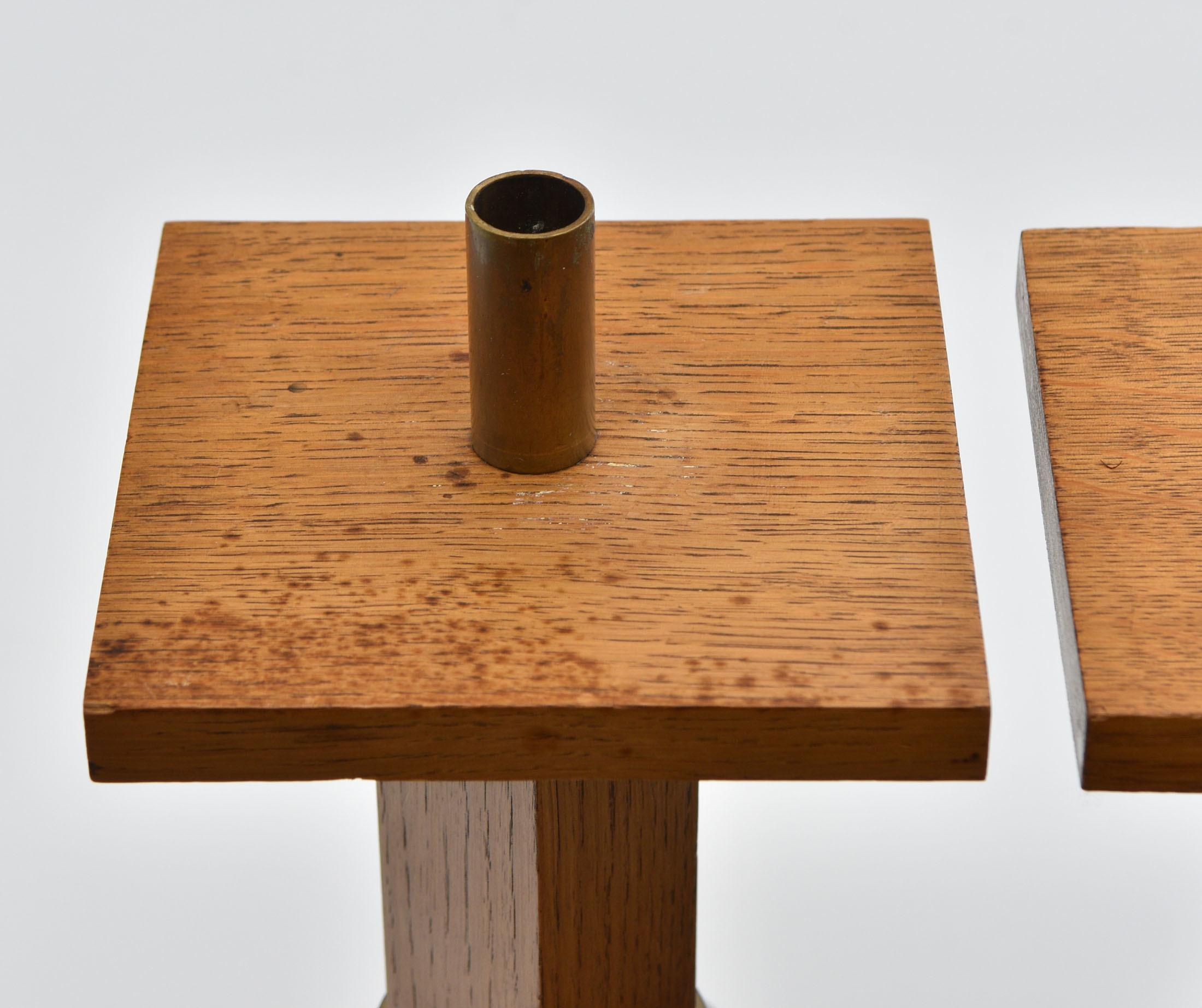 Pair of 1970s Oak & Brass Brutalist Candlesticks  For Sale 2