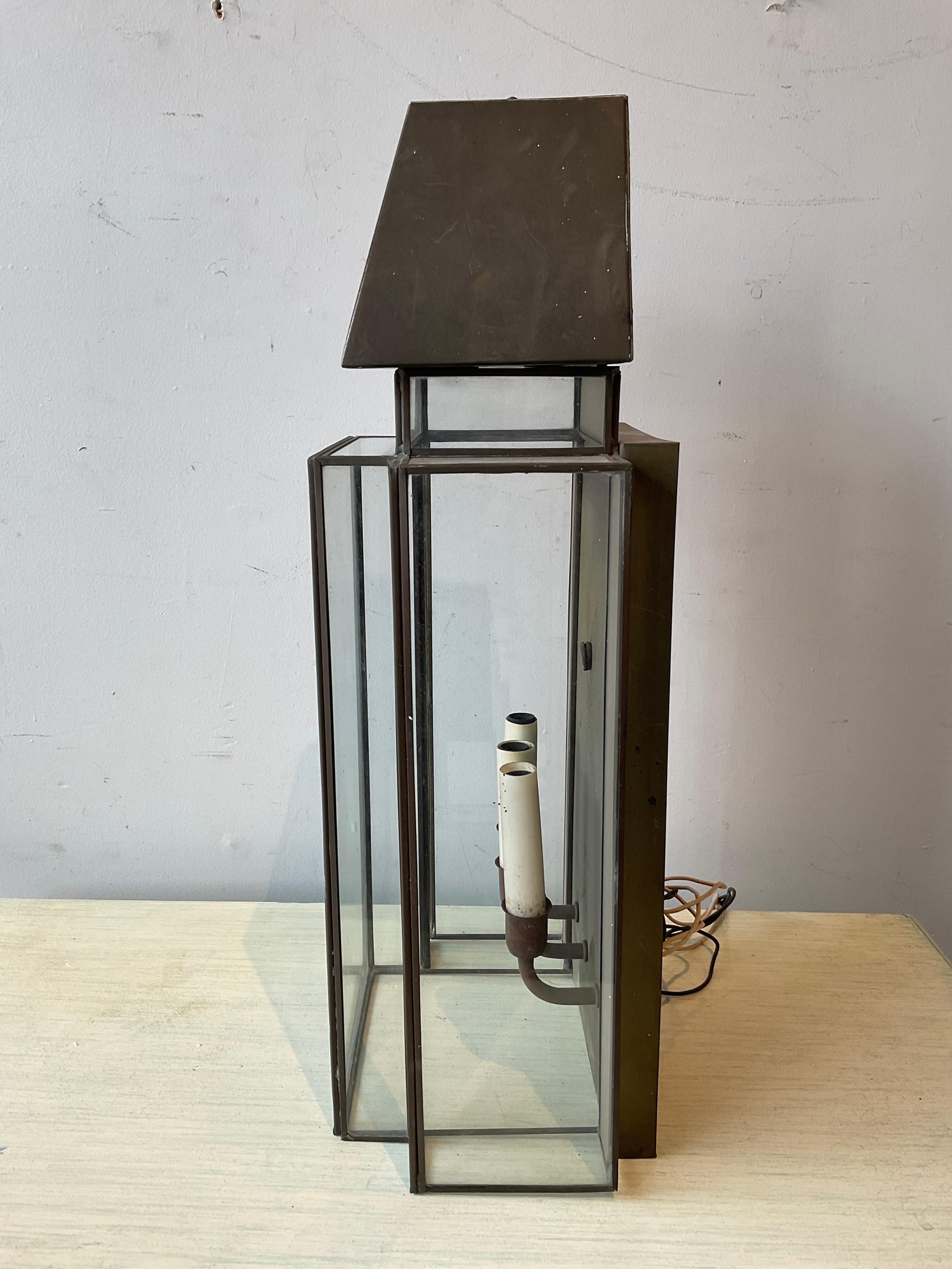 Pair Of 1970s Oxidized Brass And Glass Outdoor Sconces 2