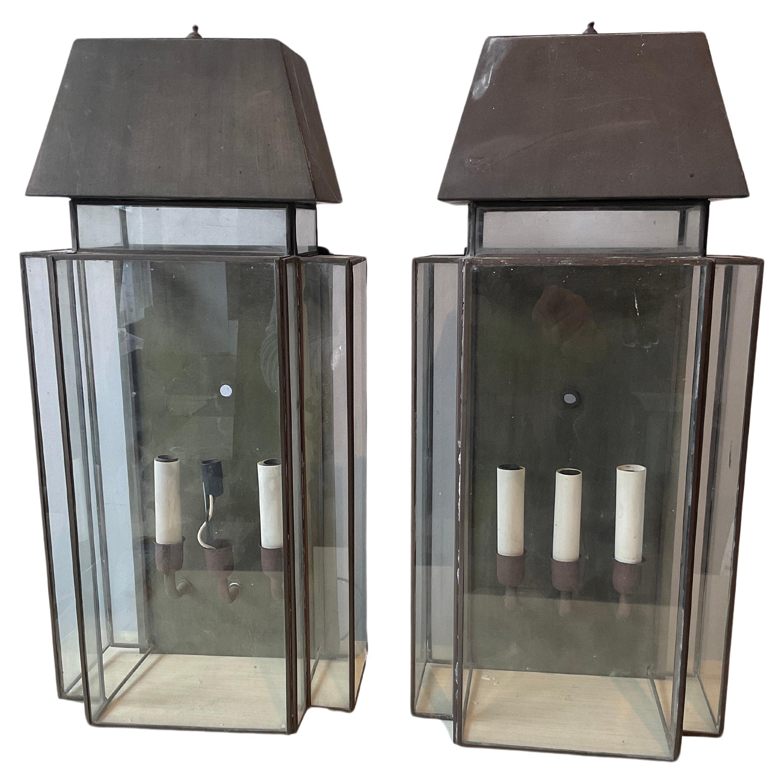 Pair Of 1970s Oxidized Brass And Glass Outdoor Sconces
