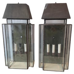 Vintage Pair Of 1970s Oxidized Brass And Glass Outdoor Sconces