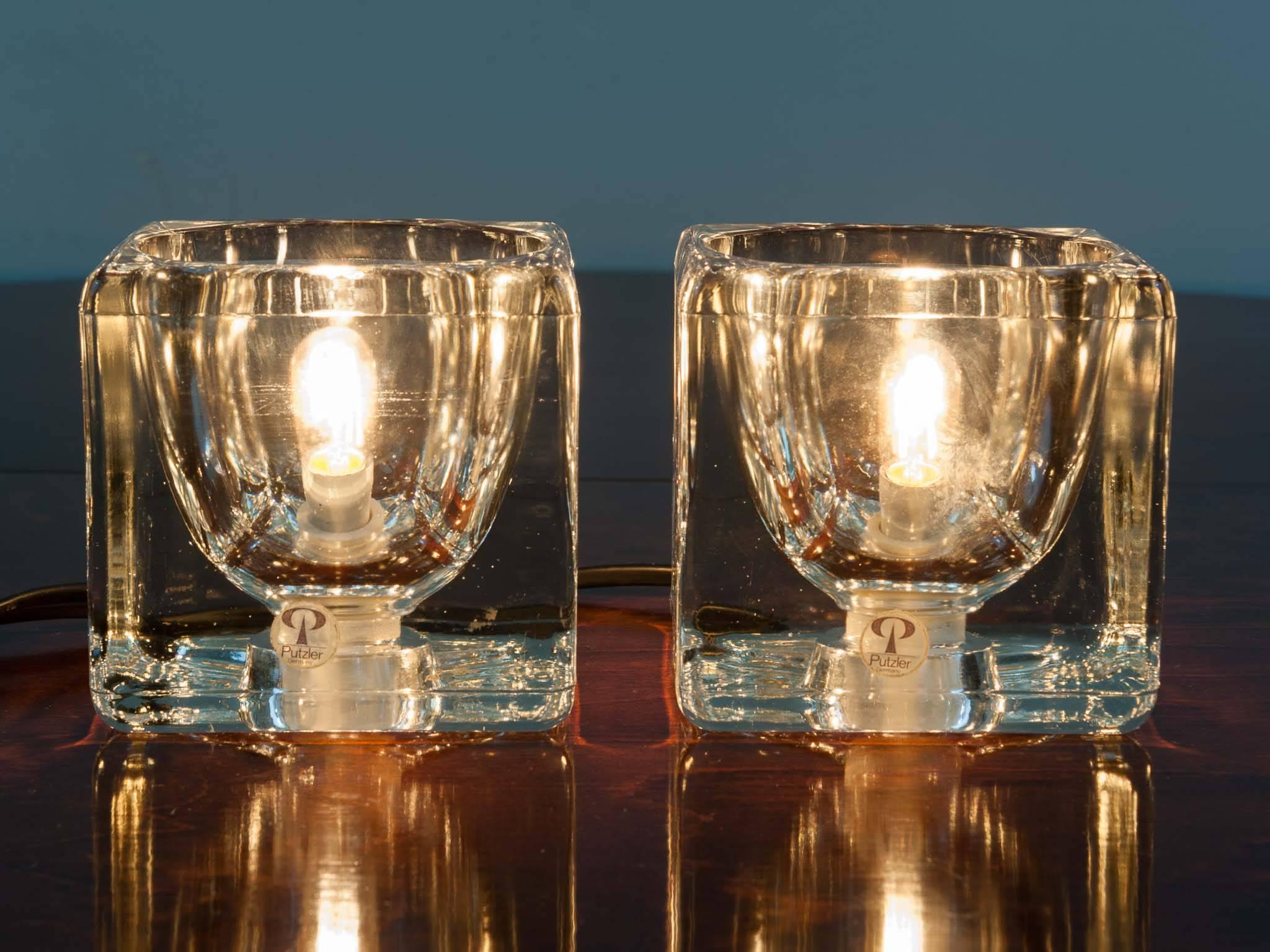 Pair of 1970s Peill & Putzler German Vintage Clear Glass Cube Lights 2