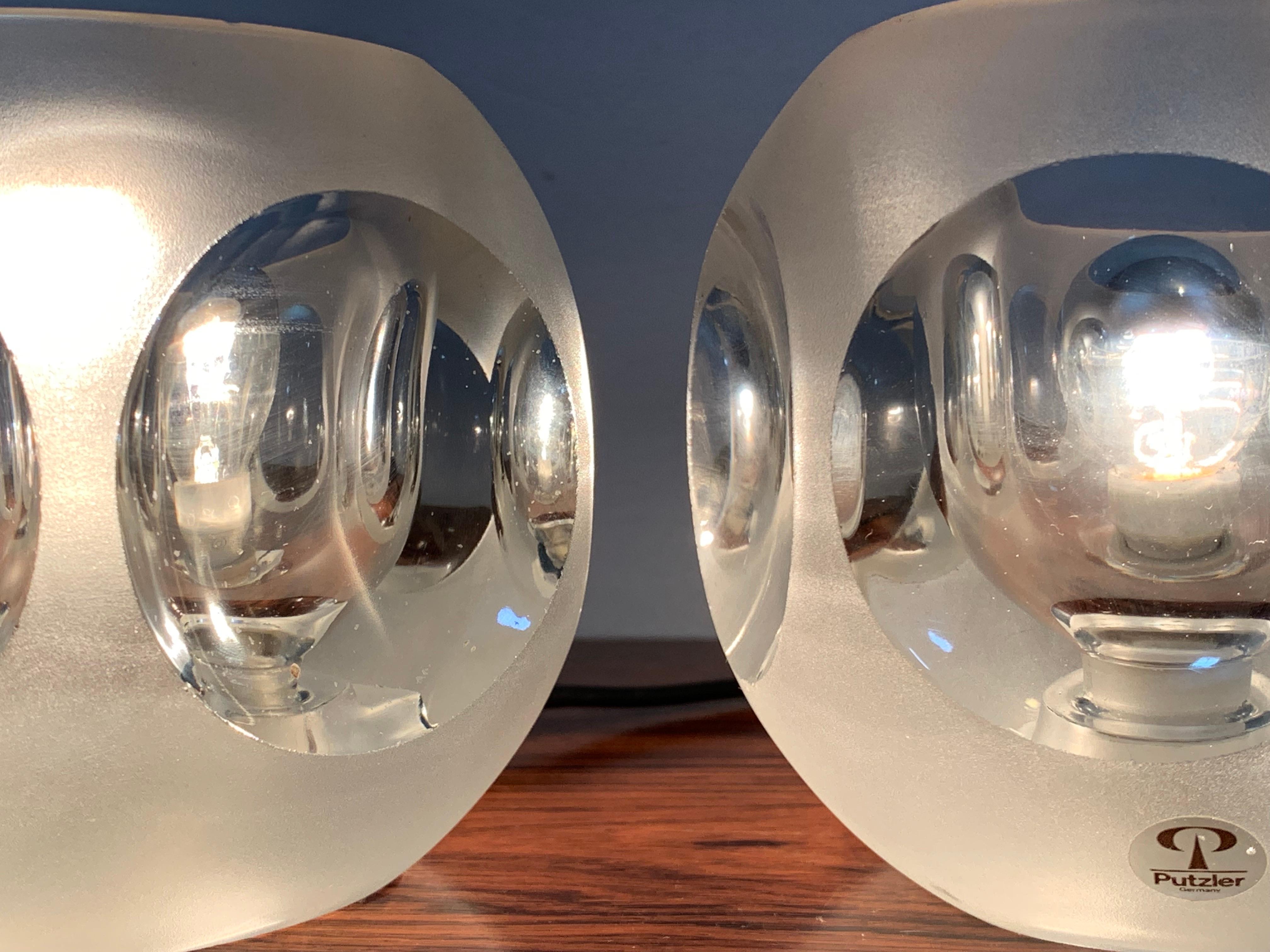 Mid-Century Modern Pair of 1970s Peill and Putzler Frosted Glass Round Ice Cube Table Lamps