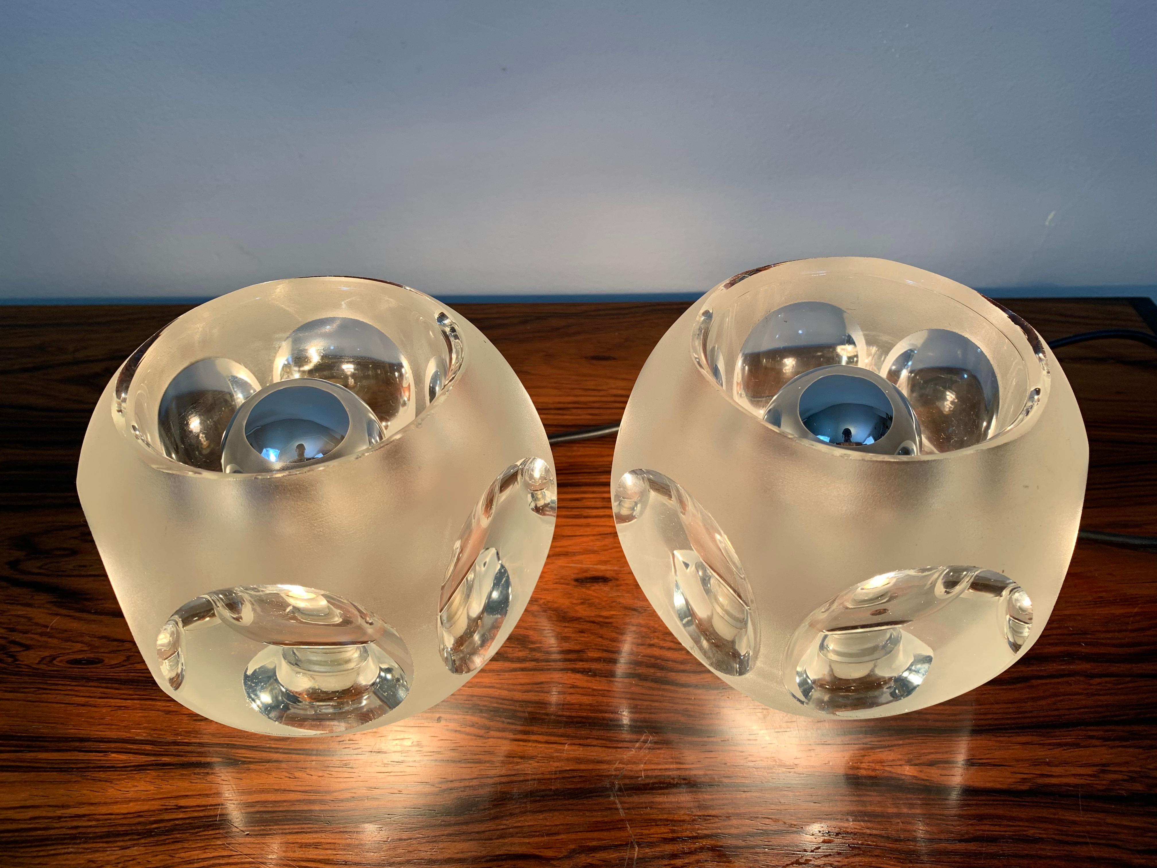 German Pair of 1970s Peill and Putzler Frosted Glass Round Ice Cube Table Lamps