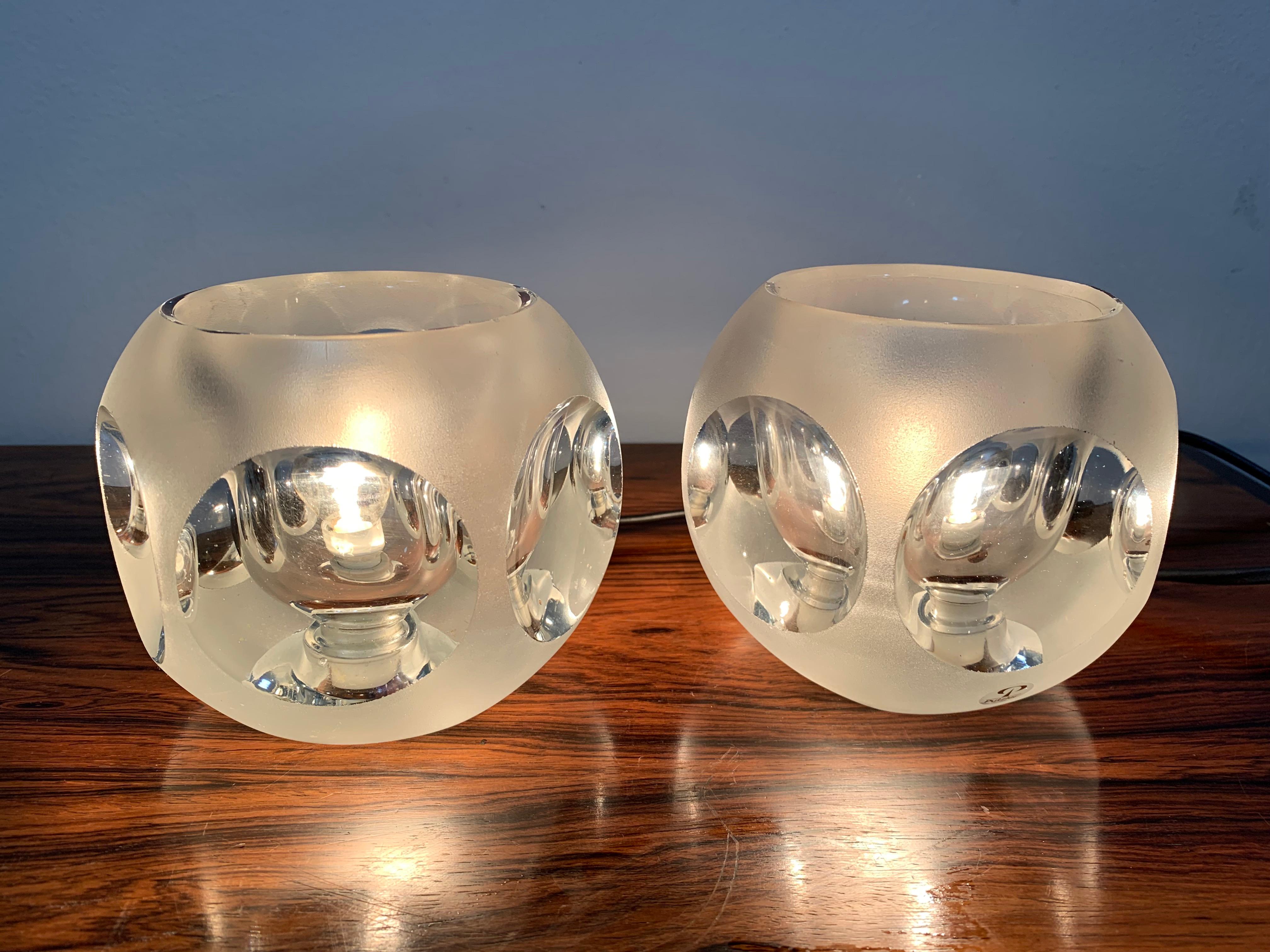 20th Century Pair of 1970s Peill and Putzler Frosted Glass Round Ice Cube Table Lamps