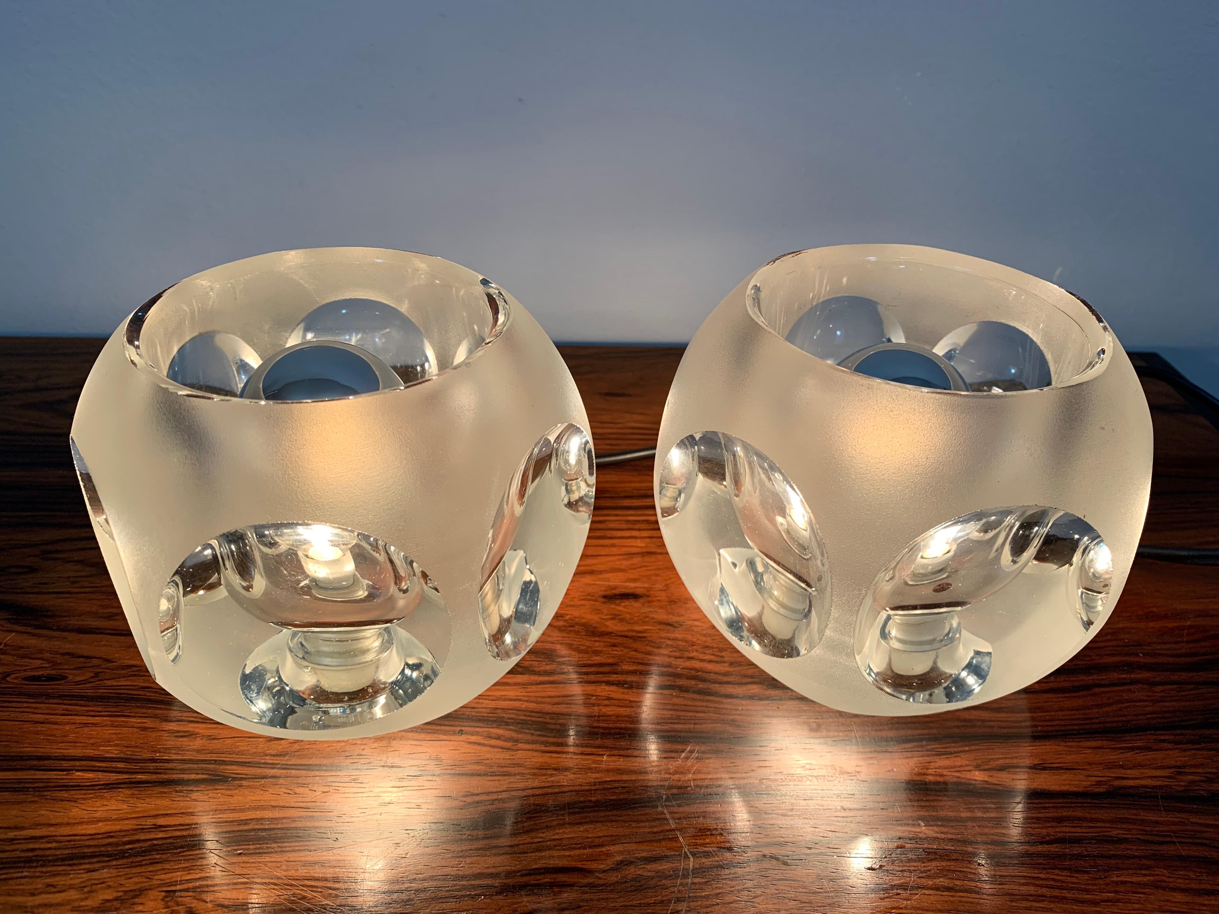 Plastic Pair of 1970s Peill and Putzler Frosted Glass Round Ice Cube Table Lamps