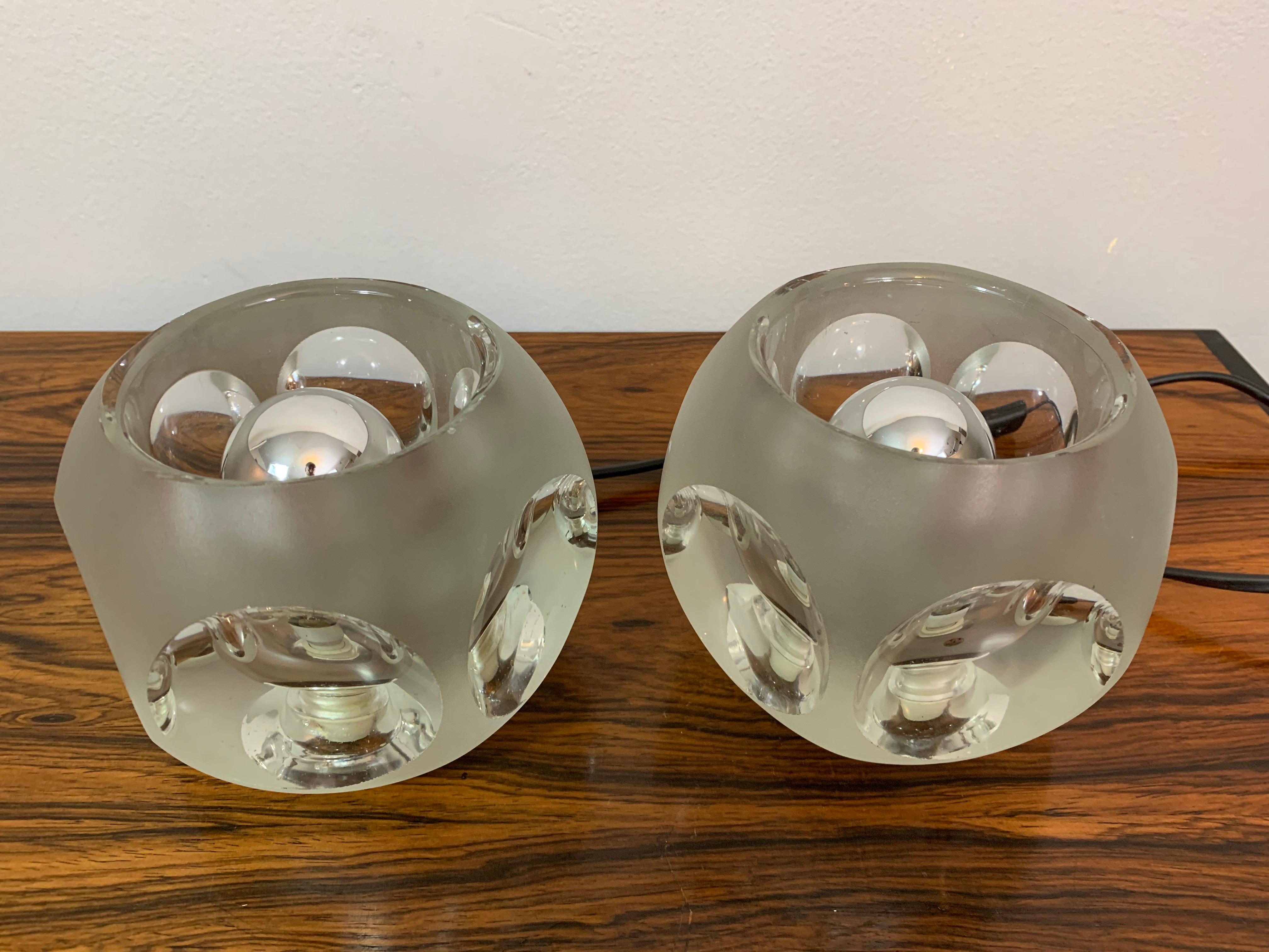 Pair of 1970s Peill and Putzler Frosted Glass Round Ice Cube Table Lamps 1