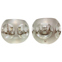 Vintage Pair of 1970s Peill and Putzler Frosted Glass Round Ice Cube Table Lamps