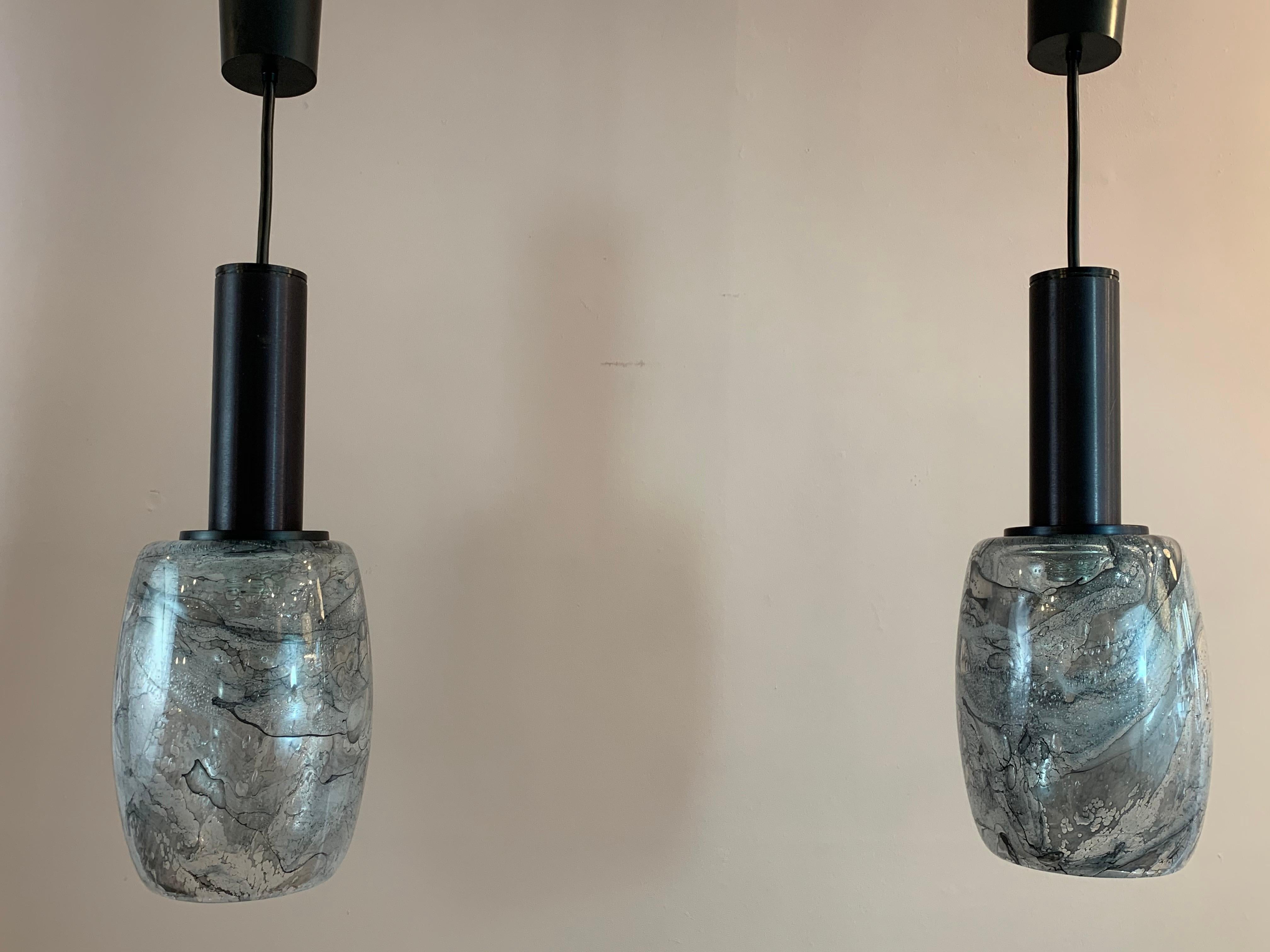 Pair of 1970s Peill & Putzler Grey Marbled Glass Pendant Hanging Ceiling Lights 6