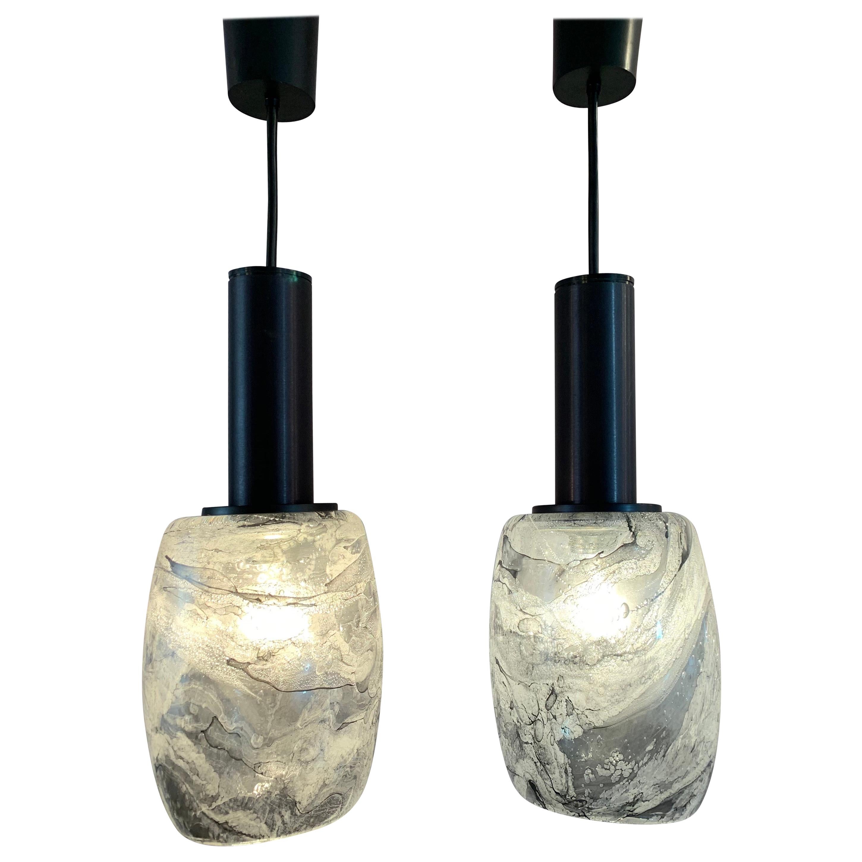 Pair of 1970s Peill & Putzler Grey Marbled Glass Pendant Hanging Ceiling Lights