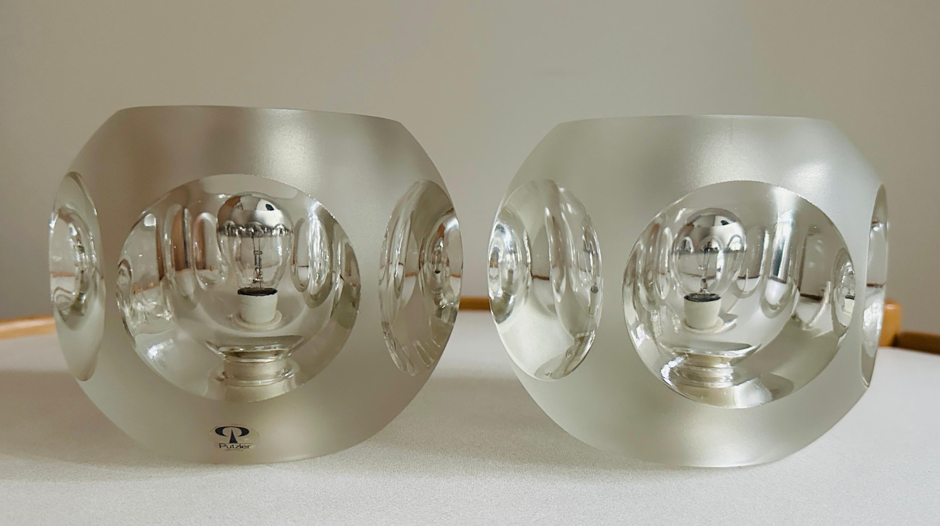 Pair of 1970s Peill & Putzler Space Age Frosted Clear Concave Glass Table Lamps For Sale 7