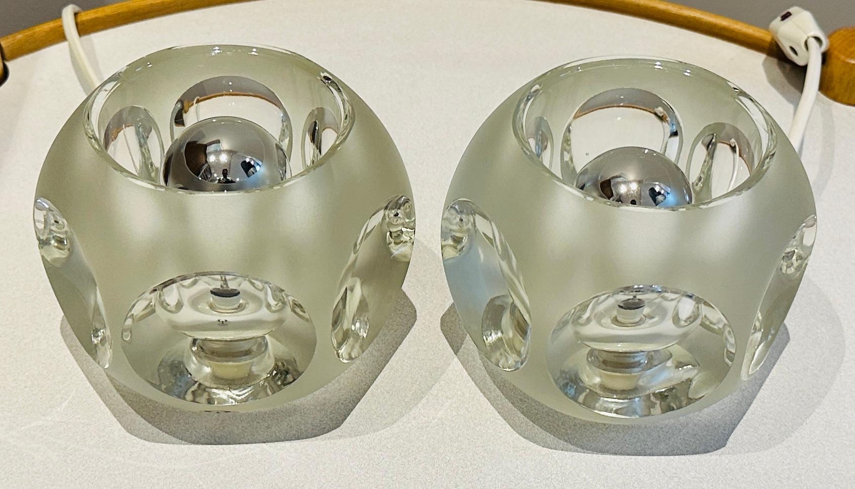 Pair of 1970s Peill & Putzler Space Age Frosted Clear Concave Glass Table Lamps For Sale 8