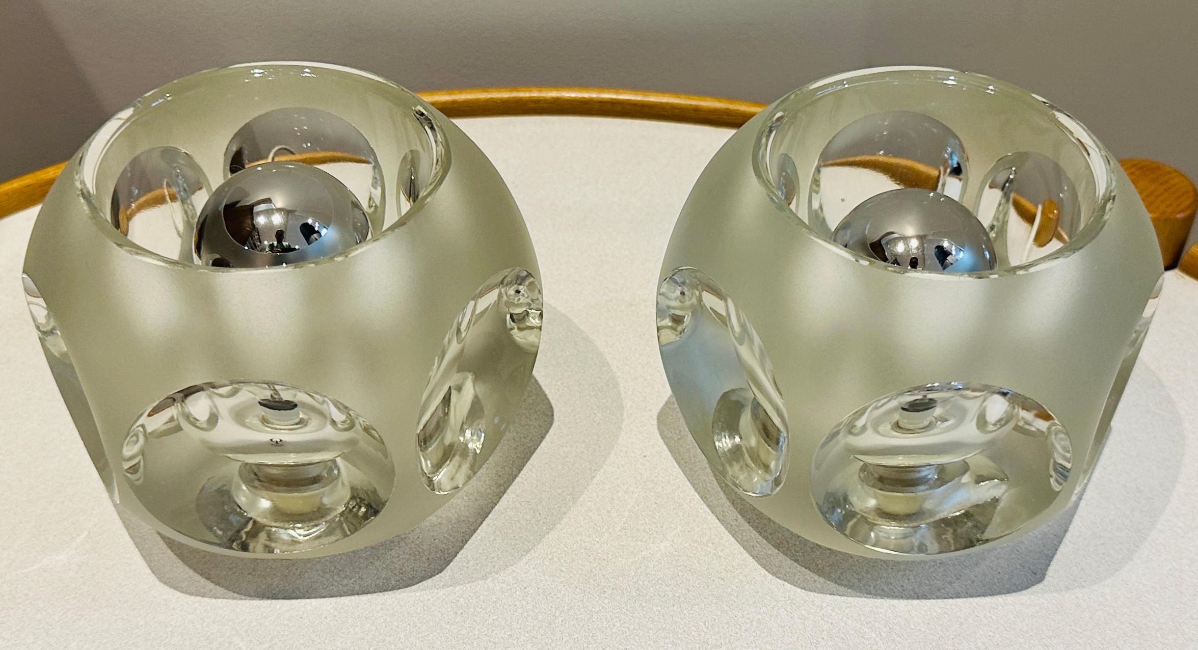 Pair of 1970s Peill & Putzler Space Age Frosted Clear Concave Glass Table Lamps For Sale 9