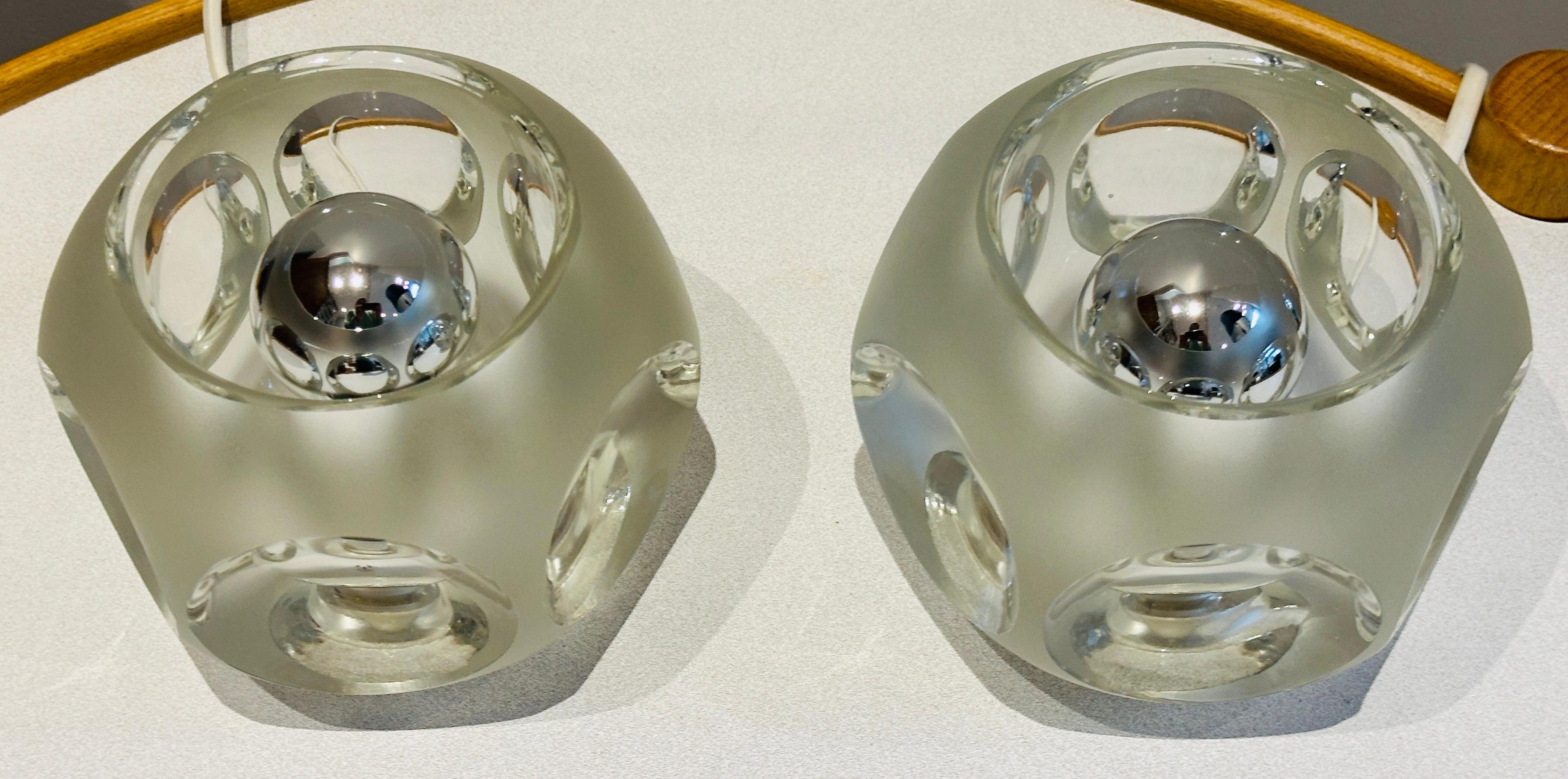 Pair of 1970s Peill & Putzler Space Age Frosted Clear Concave Glass Table Lamps For Sale 10