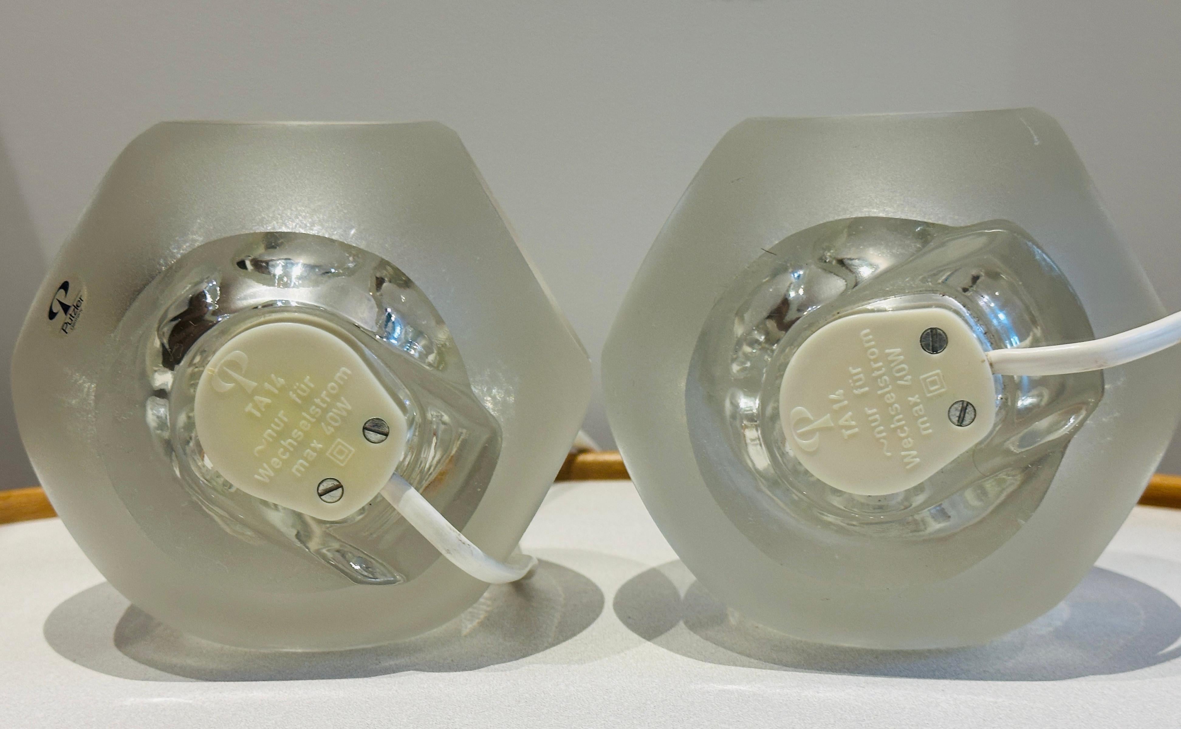 Pair of 1970s Peill & Putzler Space Age Frosted Clear Concave Glass Table Lamps For Sale 12