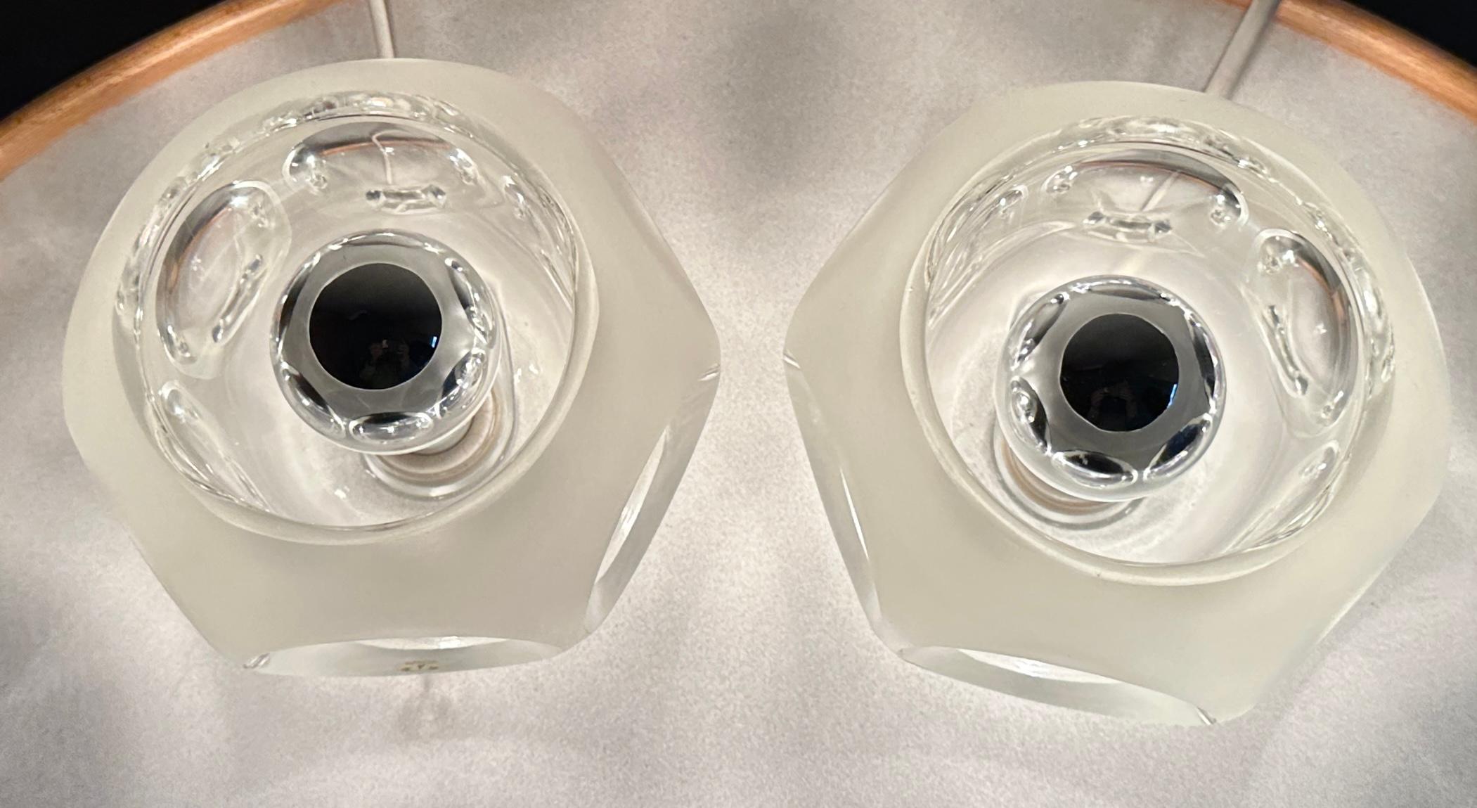 German Pair of 1970s Peill & Putzler Space Age Frosted Clear Concave Glass Table Lamps For Sale