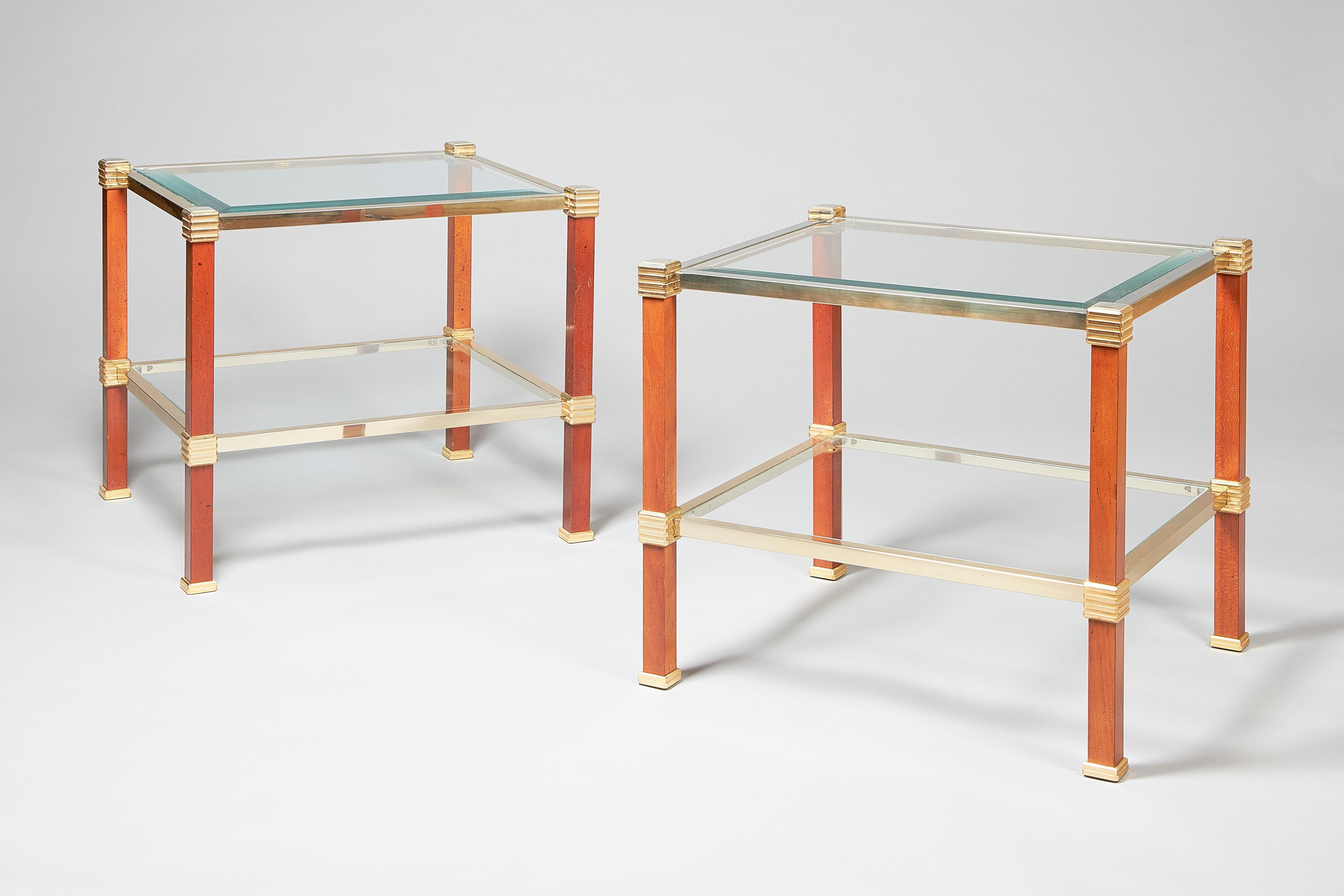 20th Century Pair of 1970s Pierre Vandel Fruitwood and Glass Side Tables