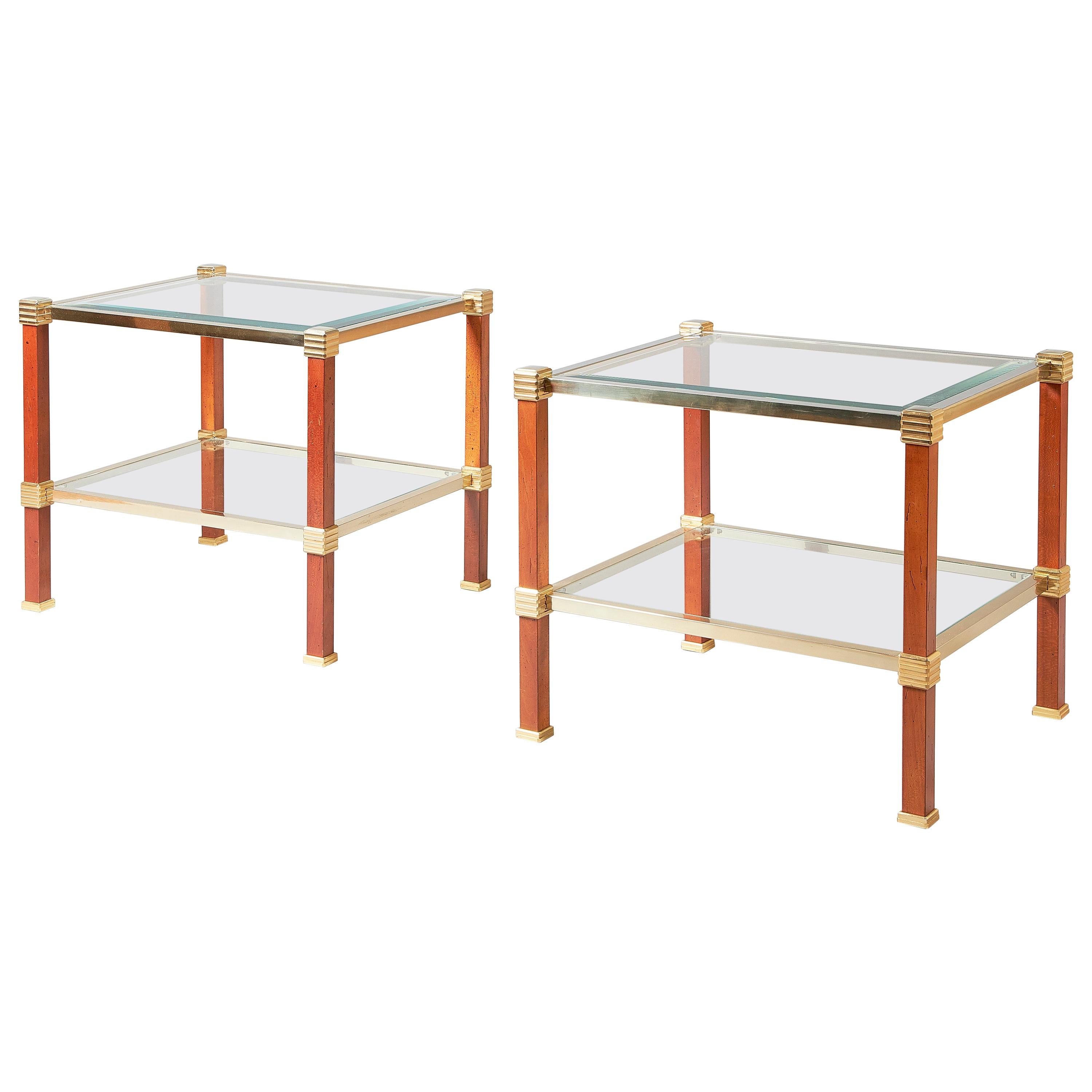 Pair of 1970s Pierre Vandel Fruitwood and Glass Side Tables