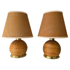 Pair of 1970s Rattan & Brass Table Lamps – Organic Modern Boho Style