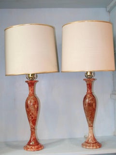 Pair of 1970s Red Alabaster Handmade Italian Lamps