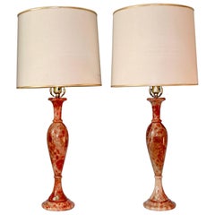 Pair of 1970s Red Alabaster Handmade Italian Lamps