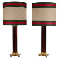 Pair of 1970s red and dark green Murano glass rods on brass metal table lamps