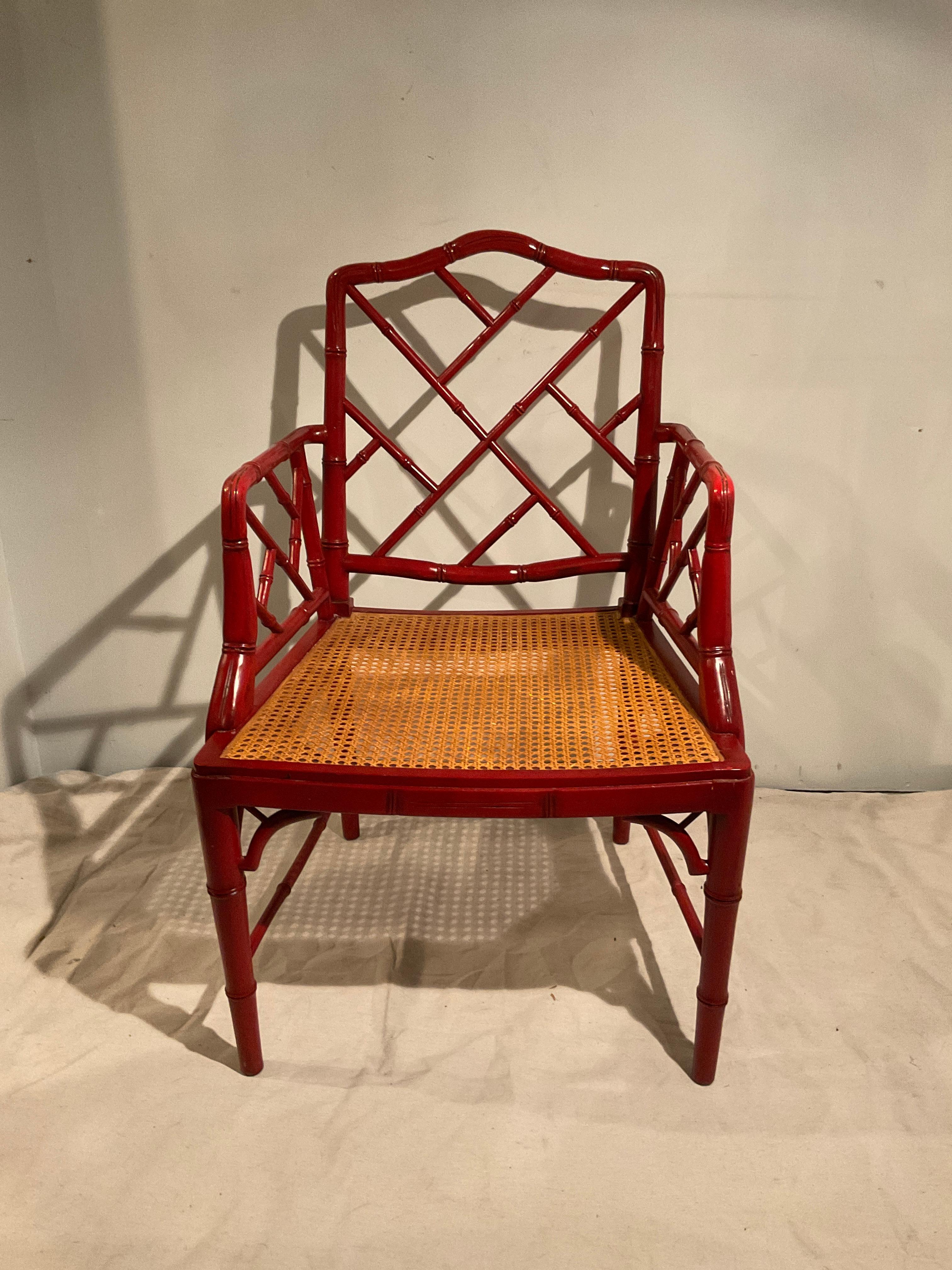 Pair Of 1970s Red Faux Bamboo Armchairs In Good Condition For Sale In Tarrytown, NY