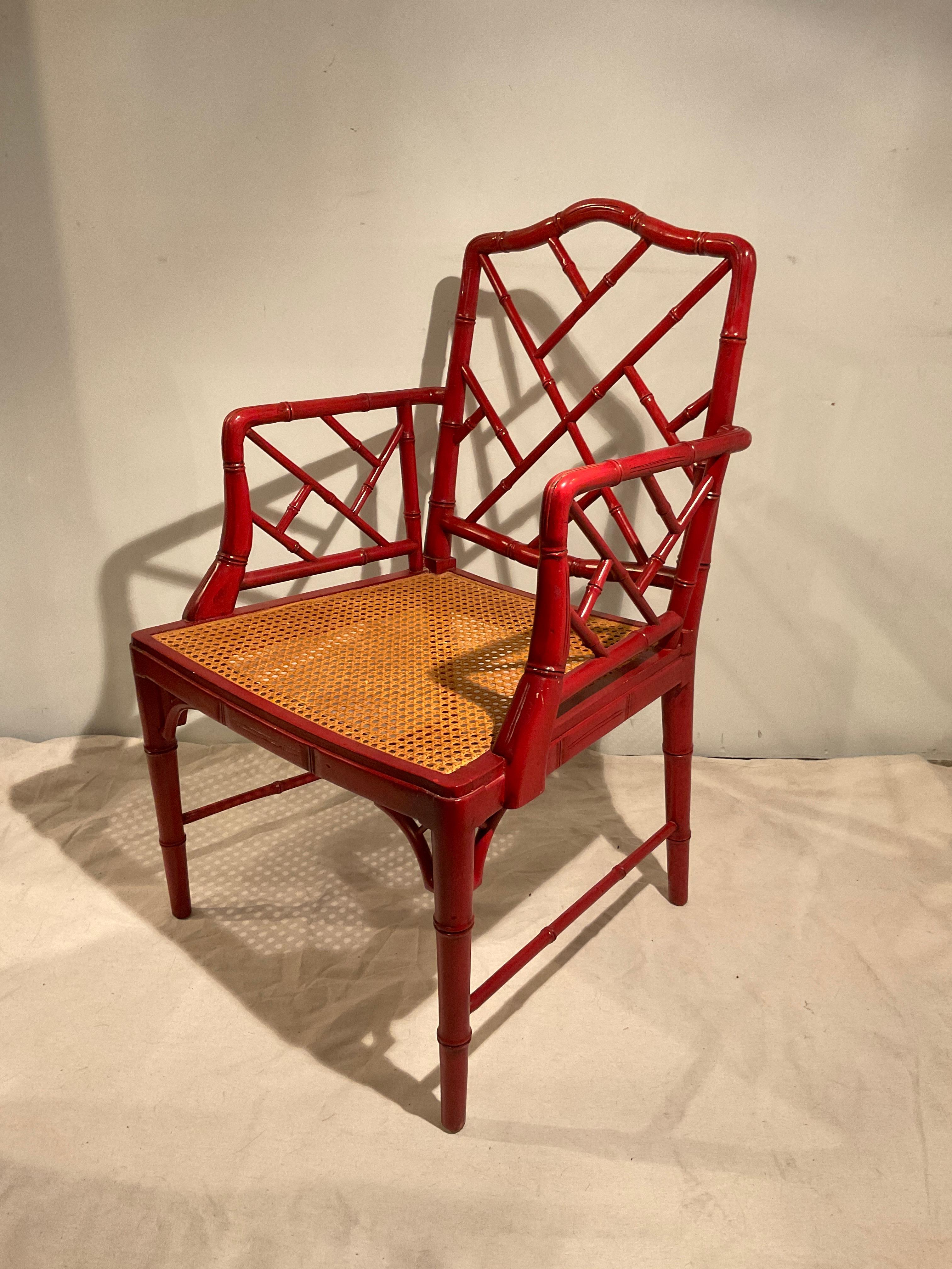 Late 20th Century Pair Of 1970s Red Faux Bamboo Armchairs For Sale
