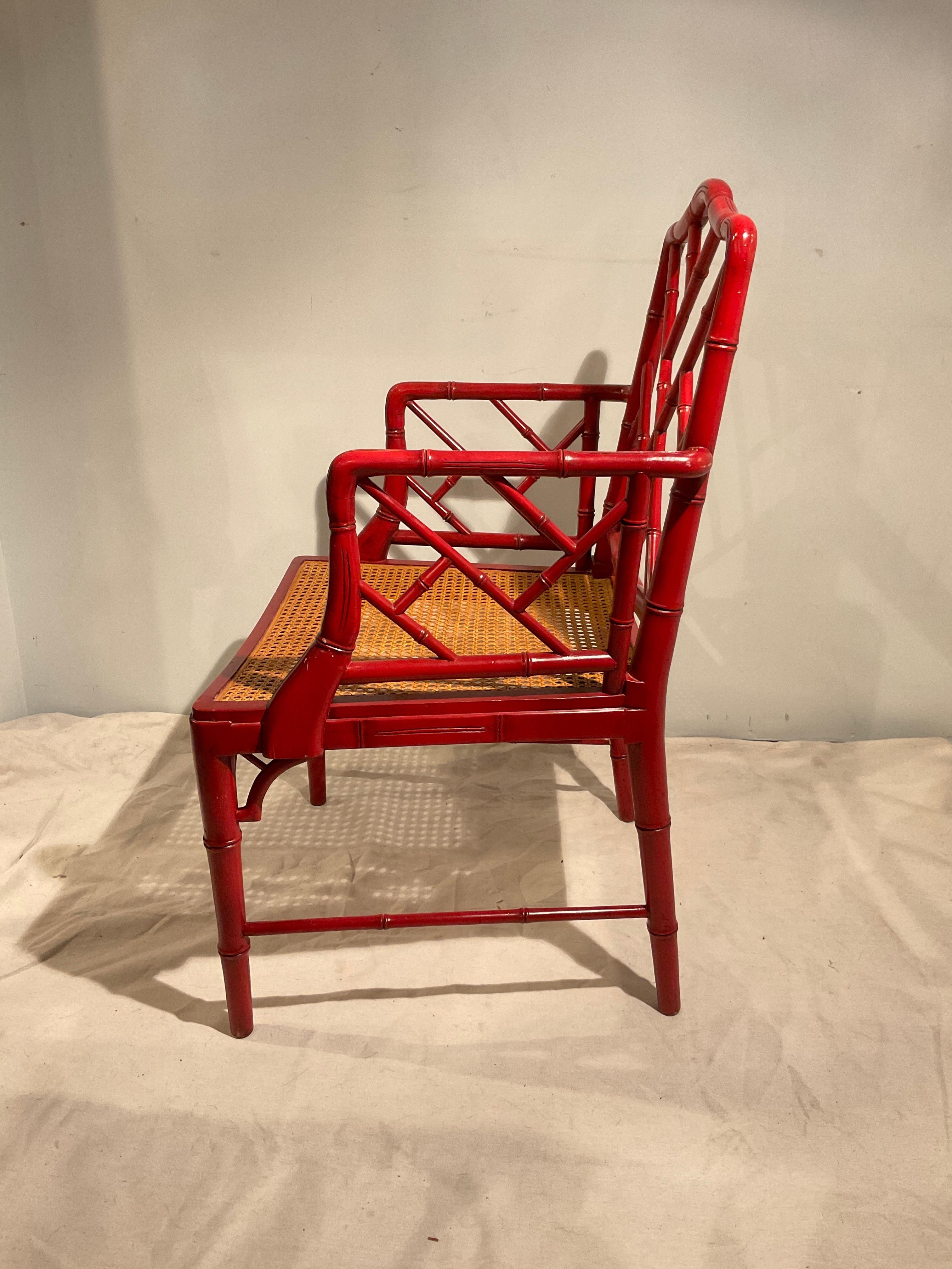 Wood Pair Of 1970s Red Faux Bamboo Armchairs For Sale