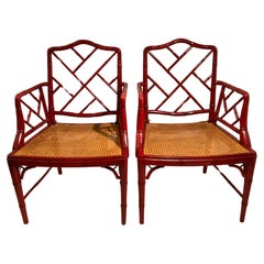Retro Pair Of 1970s Red Faux Bamboo Armchairs