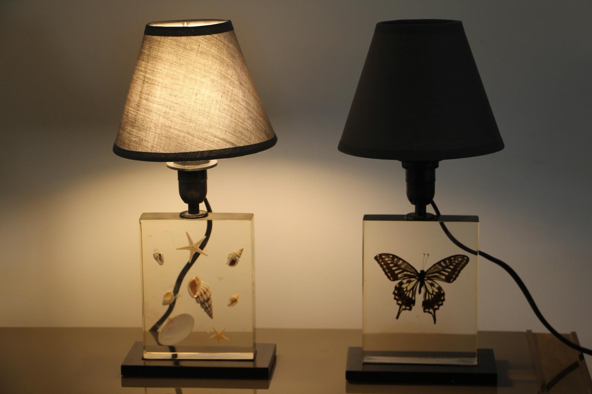 Pair of 1970's Resin Table Lamps with Inclusions For Sale 9