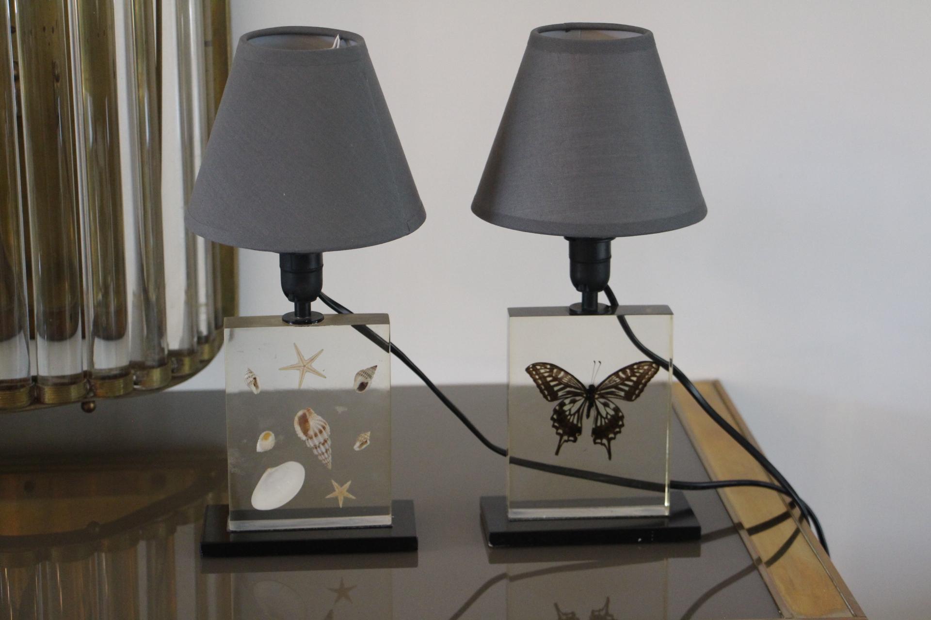 French Pair of 1970's Resin Table Lamps with Inclusions For Sale