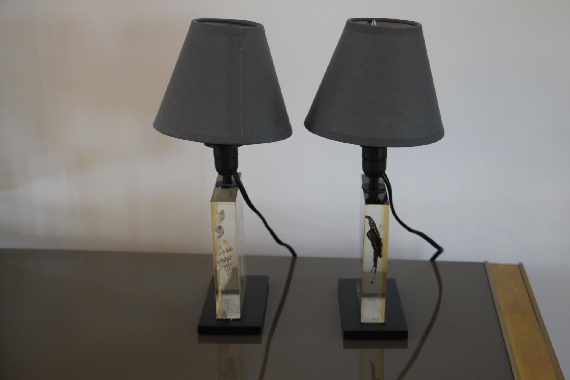Pair of 1970's Resin Table Lamps with Inclusions For Sale 2