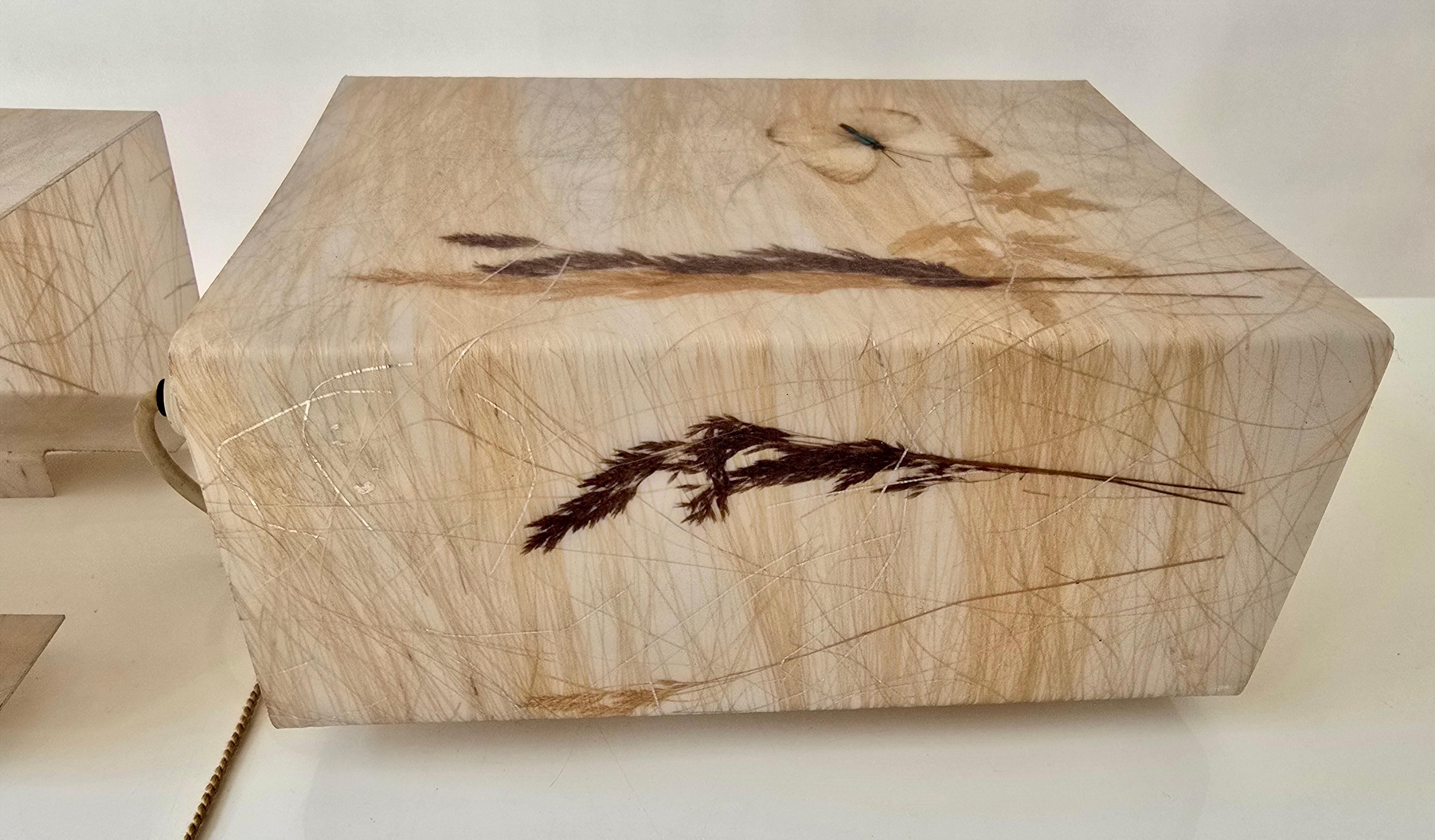 Pareja de lámparas de pared de resina de los años 70 con inclusiones botánicas y de mariposas siglo XX en venta