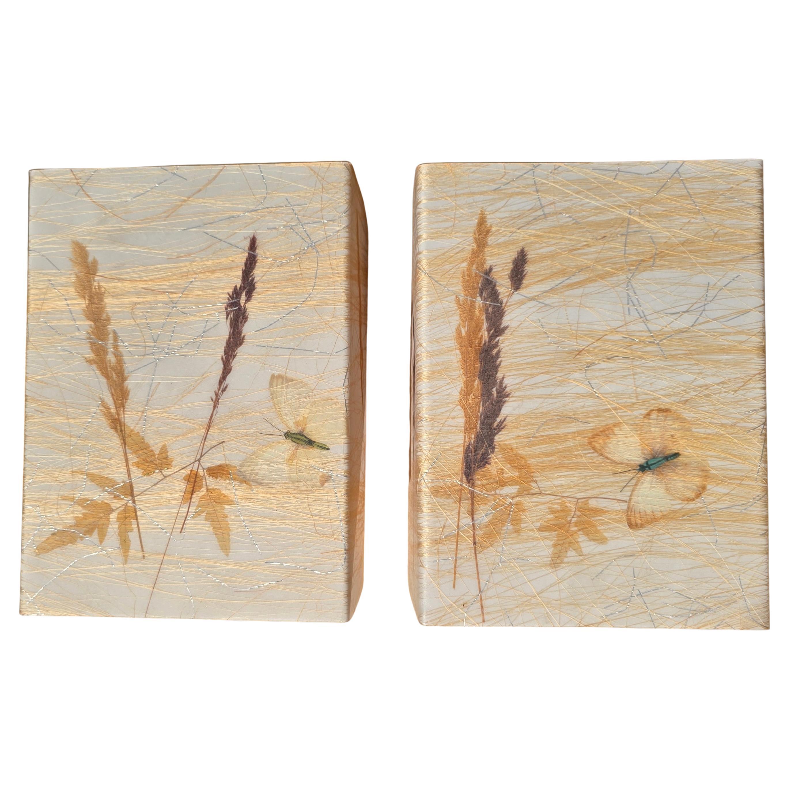 Pareja de lámparas de pared de resina de los años 70 con inclusiones botánicas y de mariposas en venta