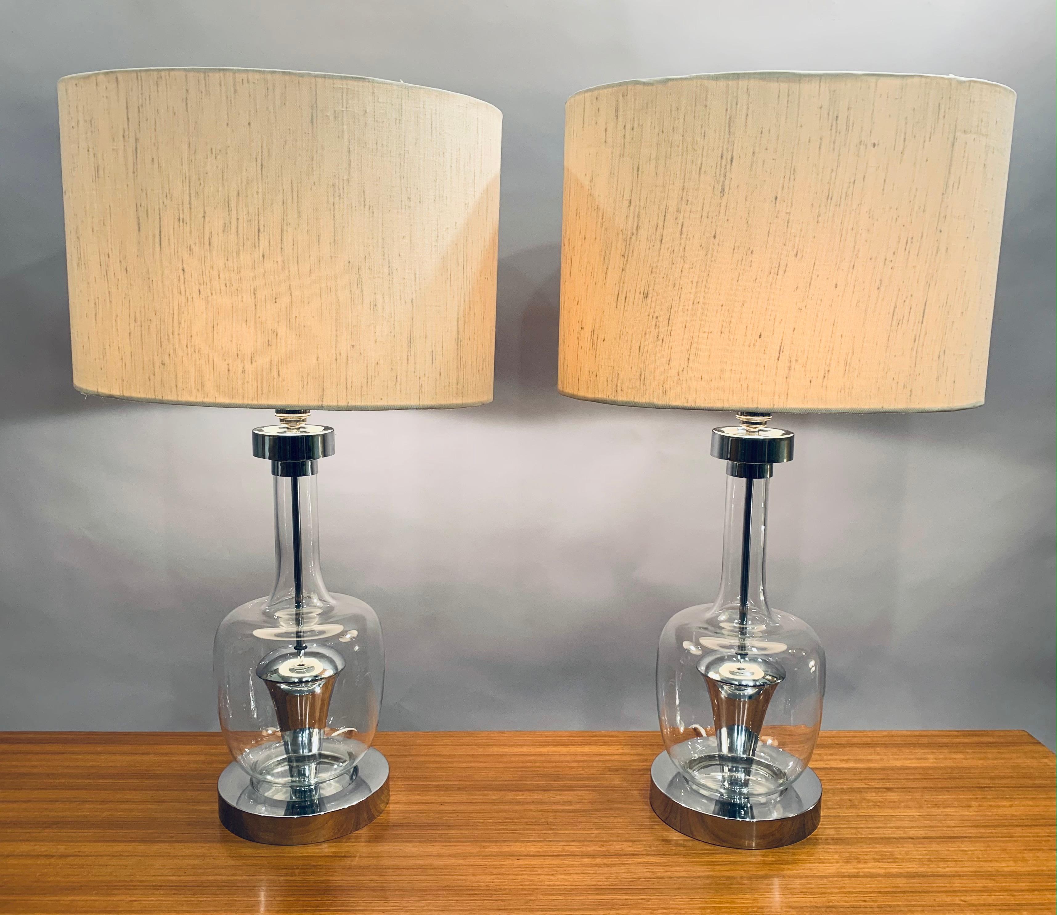 Pair of 1970s Richard Essig Style Space Age Glass & Chrome Table Lamps Inc Shade 8