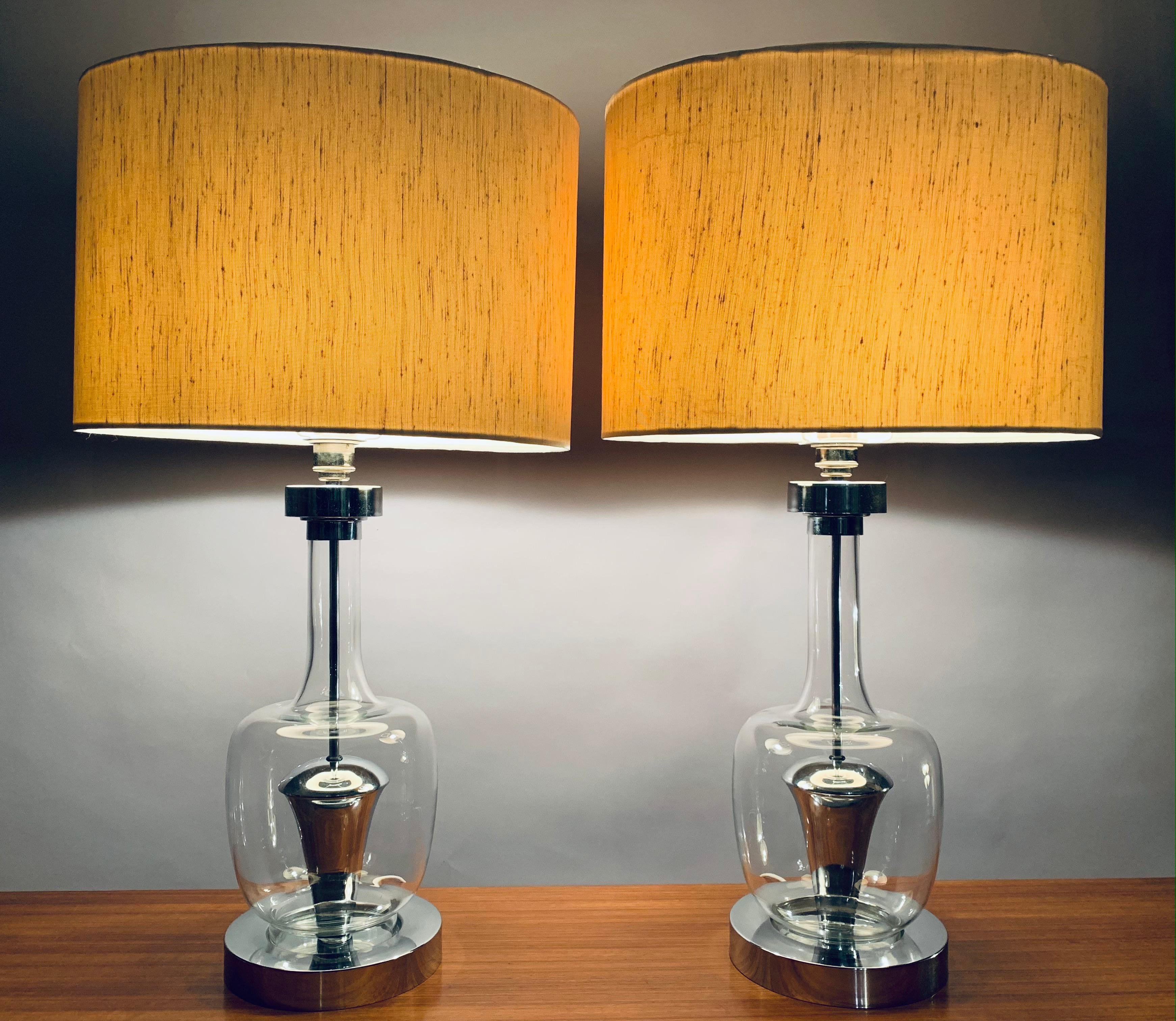 Mid-Century Modern Pair of 1970s Richard Essig Style Space Age Glass & Chrome Table Lamps Inc Shade