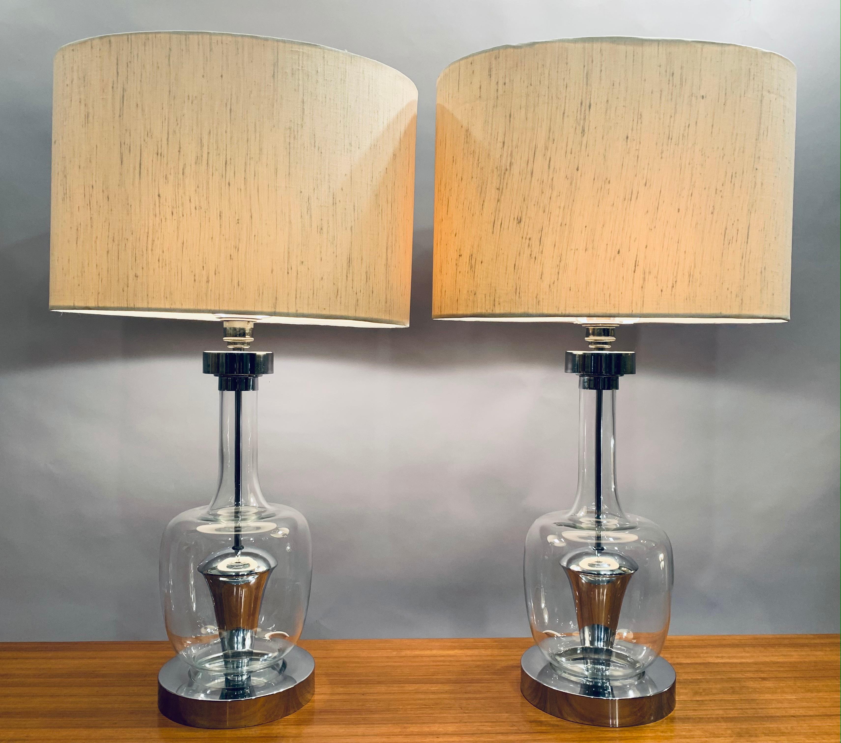 German Pair of 1970s Richard Essig Style Space Age Glass & Chrome Table Lamps Inc Shade