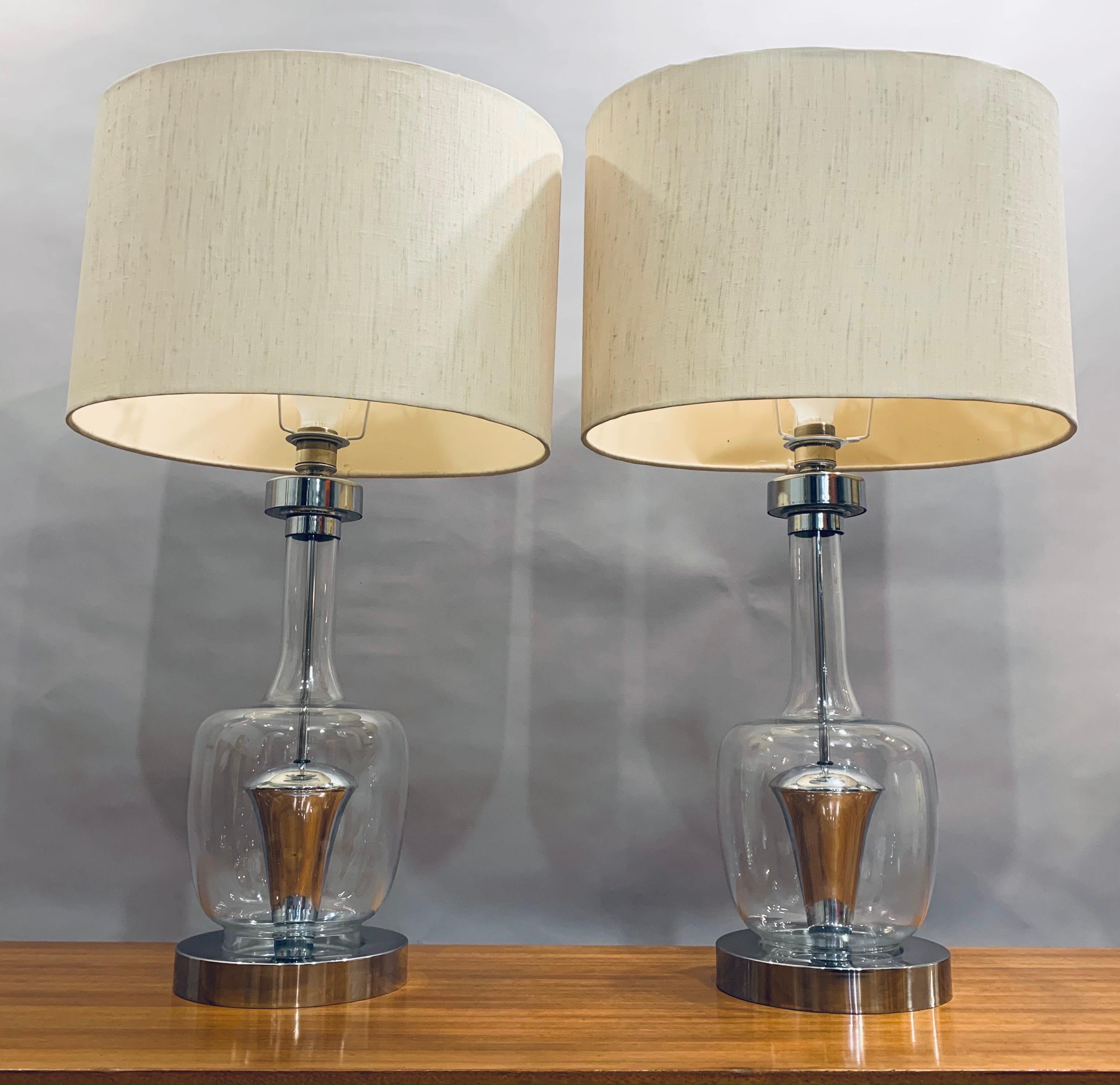 Metal Pair of 1970s Richard Essig Style Space Age Glass & Chrome Table Lamps Inc Shade