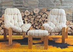 Pair of 1970's Scandinavian brutalist pine lounge chairs with ottoman