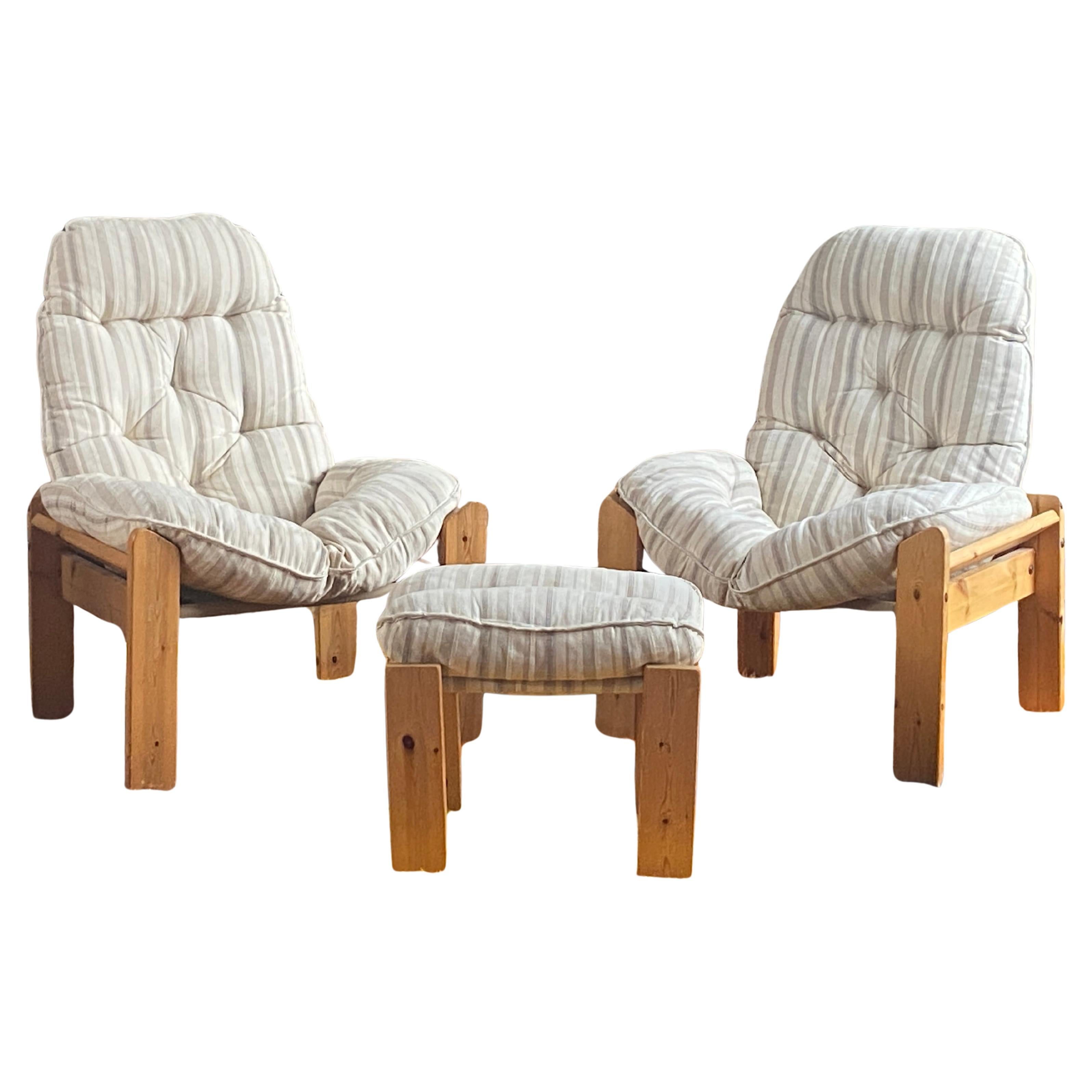Pair of 1970
s Scandinavian brutalist pine lounge chairs with ottoman